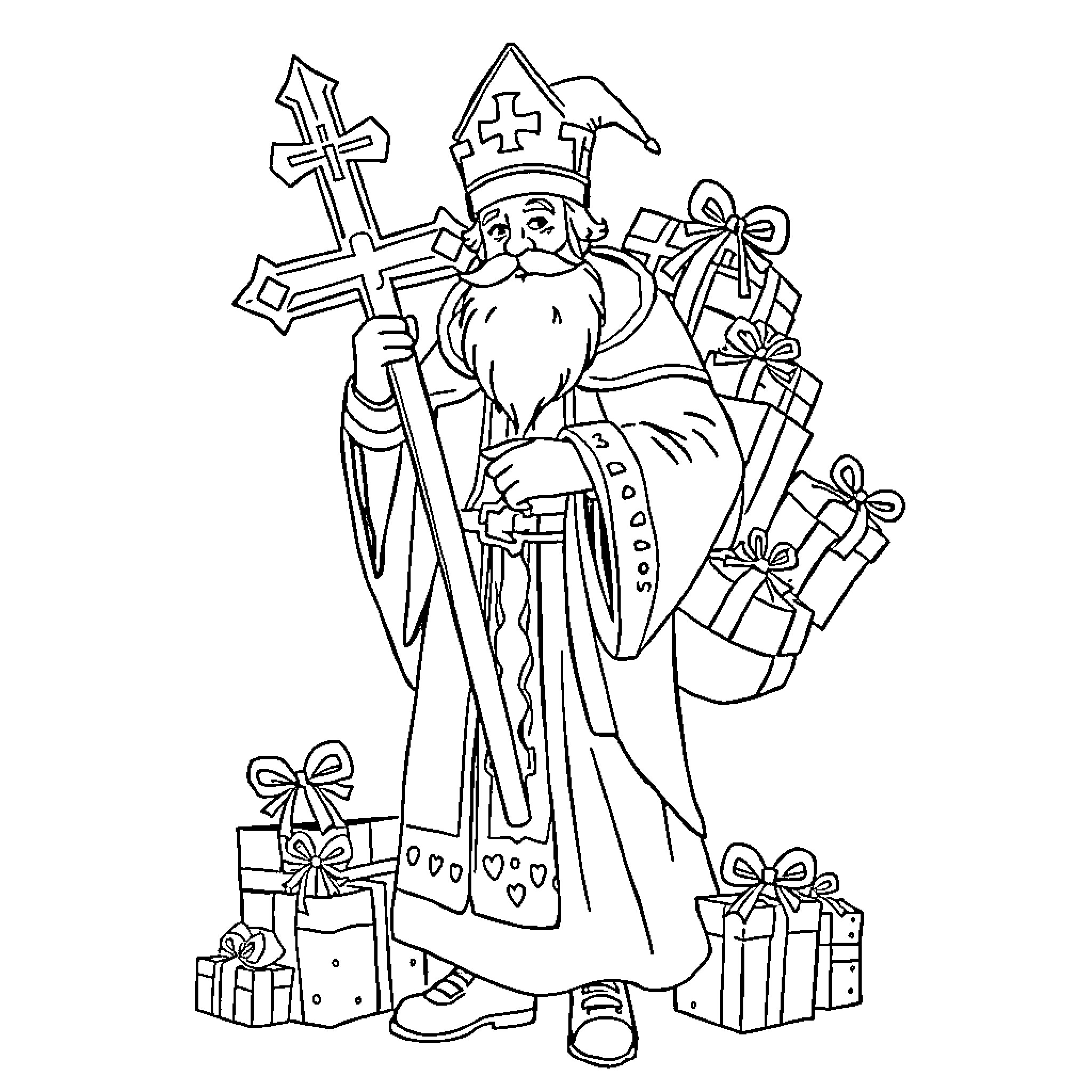 Saint Nicholas Bringing Gifts and Blessings Coloring Page (free black-and-white line drawing printable PDF for all, from beginners to advanced learners, including children, teens, adults, and seniors)