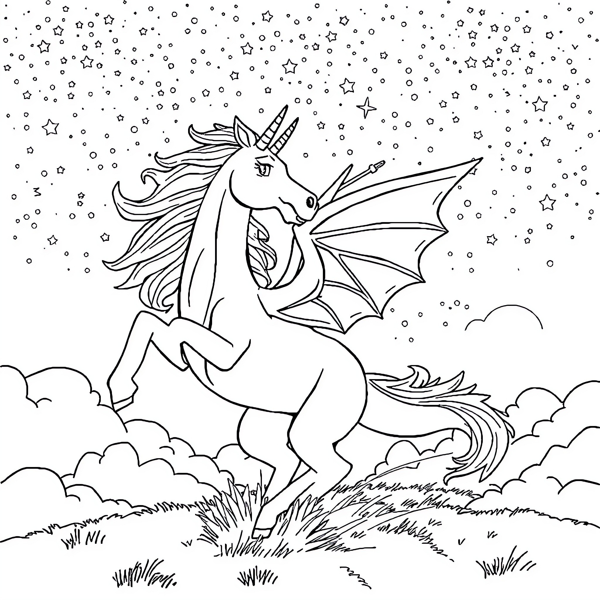 Dragon unicorn soaring among the stars Coloring Page (free black-and-white line drawing printable PDF for all, from beginners to advanced learners, including children, teens, adults, and seniors)