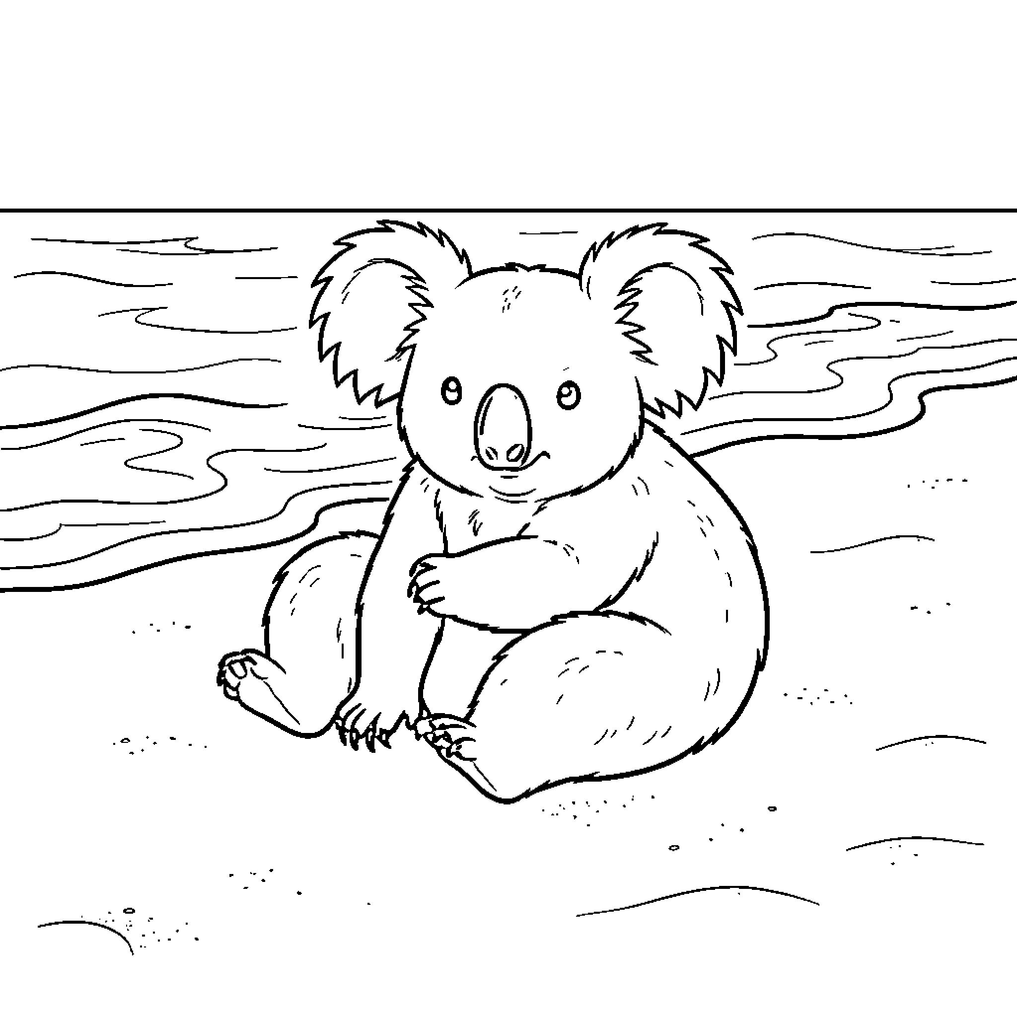Koala sitting peacefully on a sandy beach Coloring Page (free black-and-white line drawing printable PDF for all, from beginners to advanced learners, including children, teens, adults, and seniors)