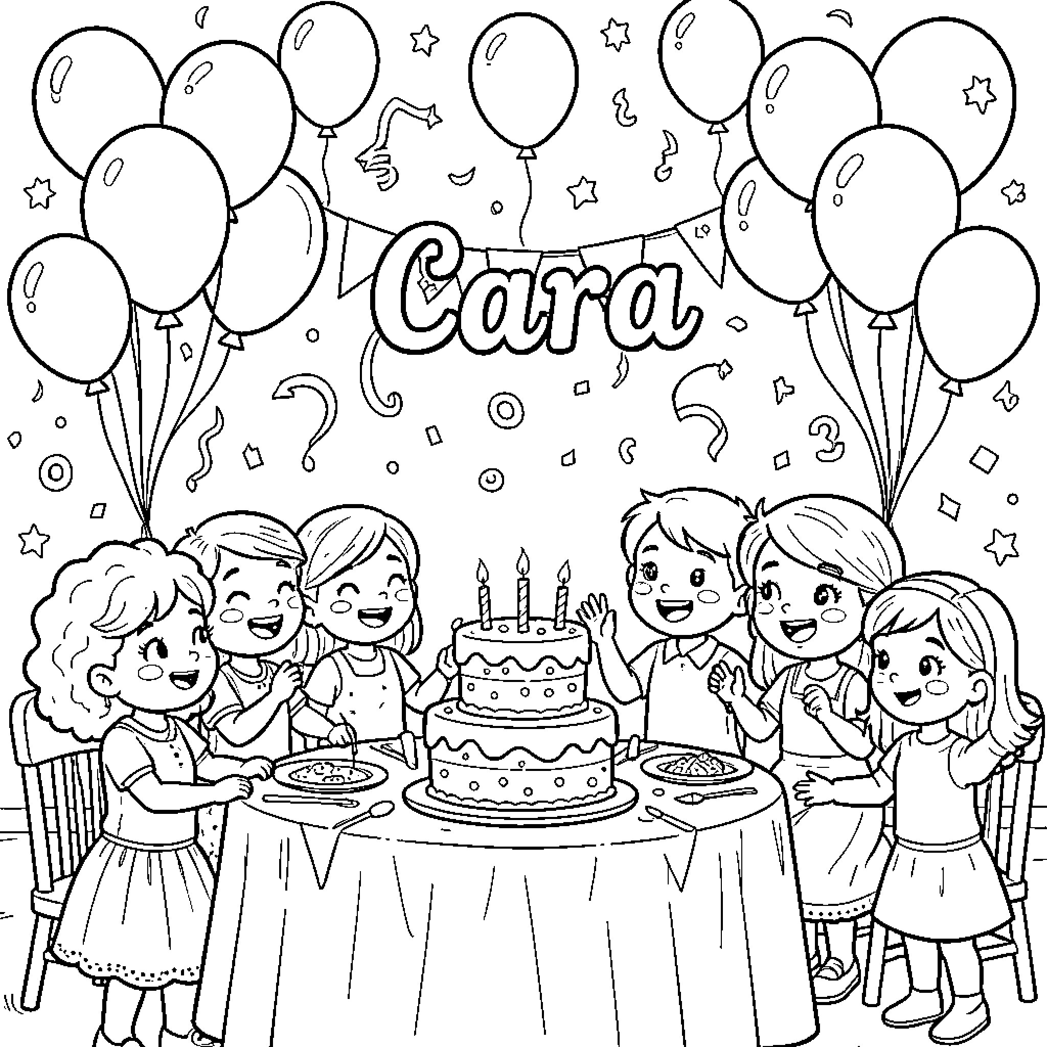 Birthday celebration with friends and family Coloring Page (free black-and-white line drawing printable PDF for all, from beginners to advanced learners, including children, teens, adults, and seniors)