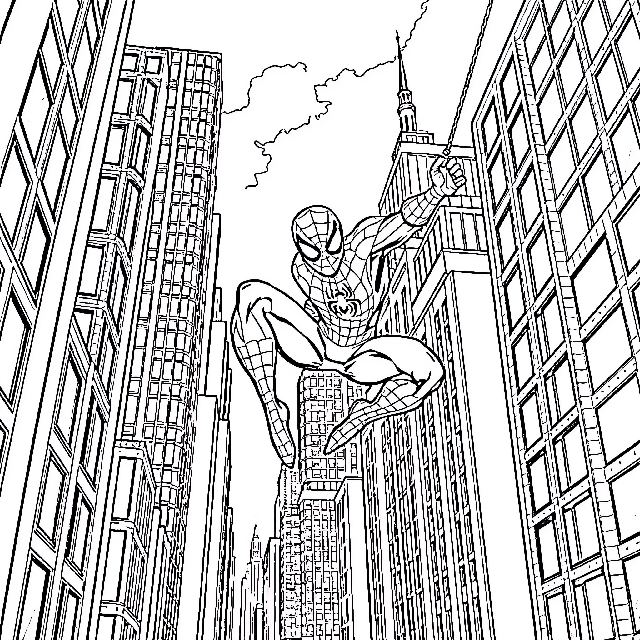 Spider-Man swinging through the city skyline Coloring Page (free black-and-white line drawing printable PDF for all, from beginners to advanced learners, including children, teens, adults, and seniors)