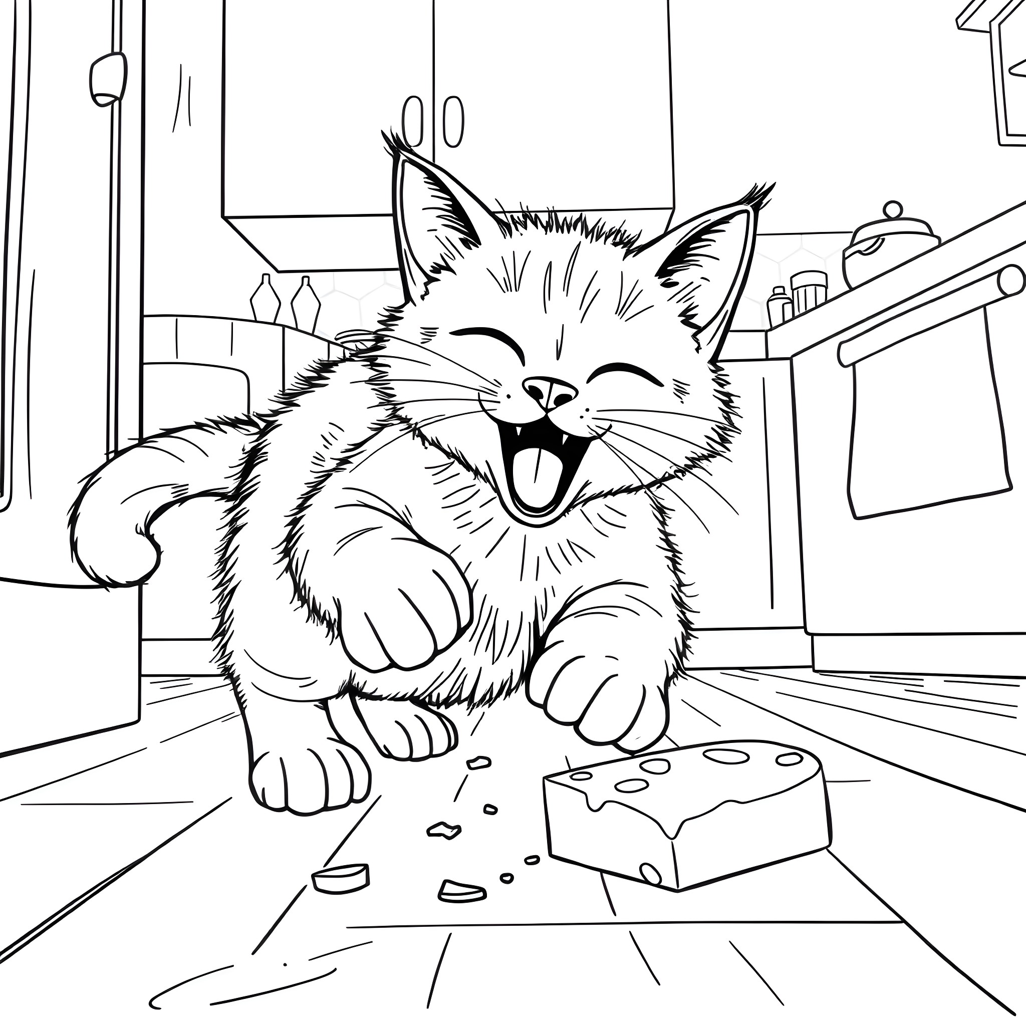 Cat enjoying a messy treat in the kitchen Coloring Page (free black-and-white line drawing printable PDF for all, from beginners to advanced learners, including children, teens, adults, and seniors)