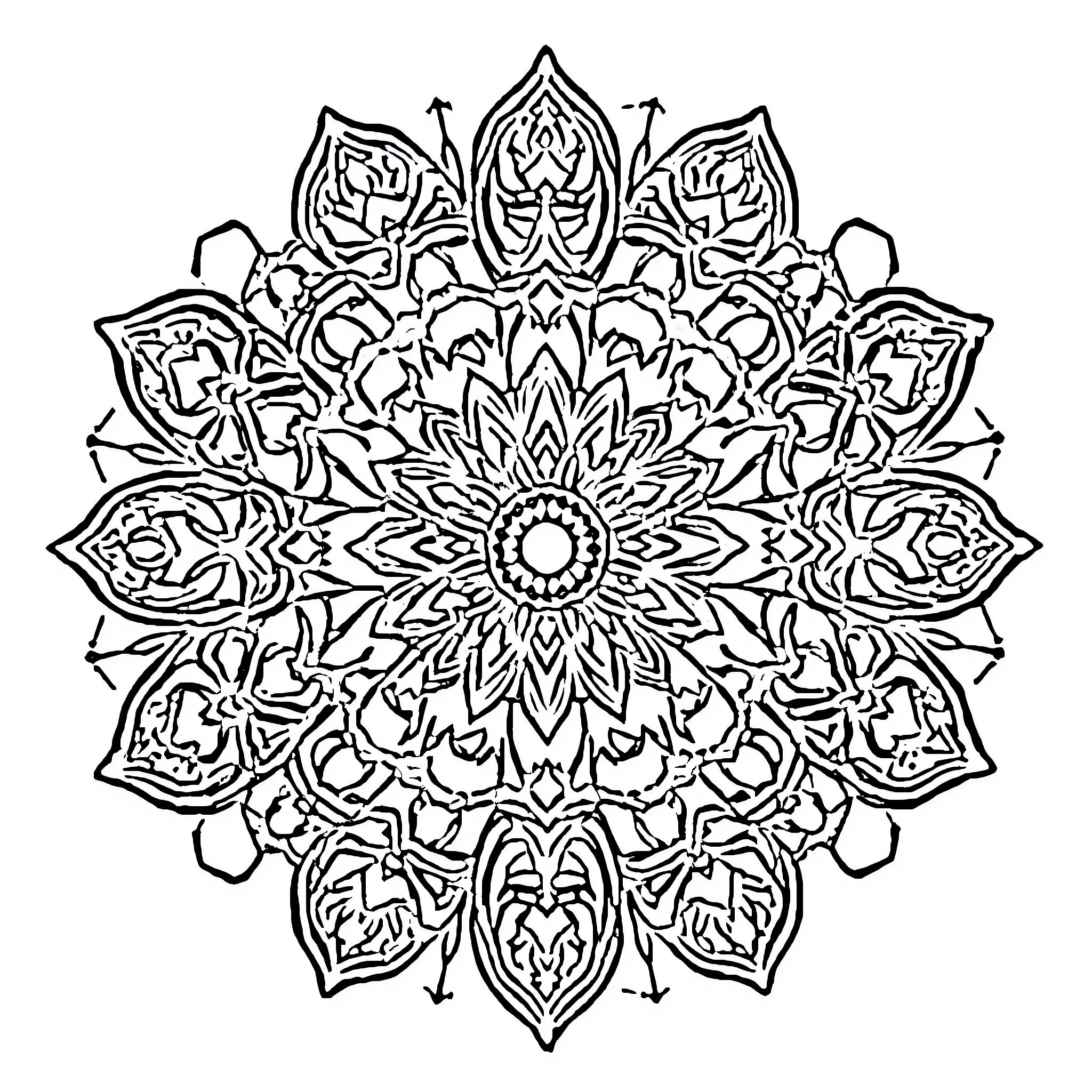 Mandala of intricate floral patterns and symmetry Coloring Page (free black-and-white line drawing printable PDF for all, from beginners to advanced learners, including children, teens, adults, and seniors)
