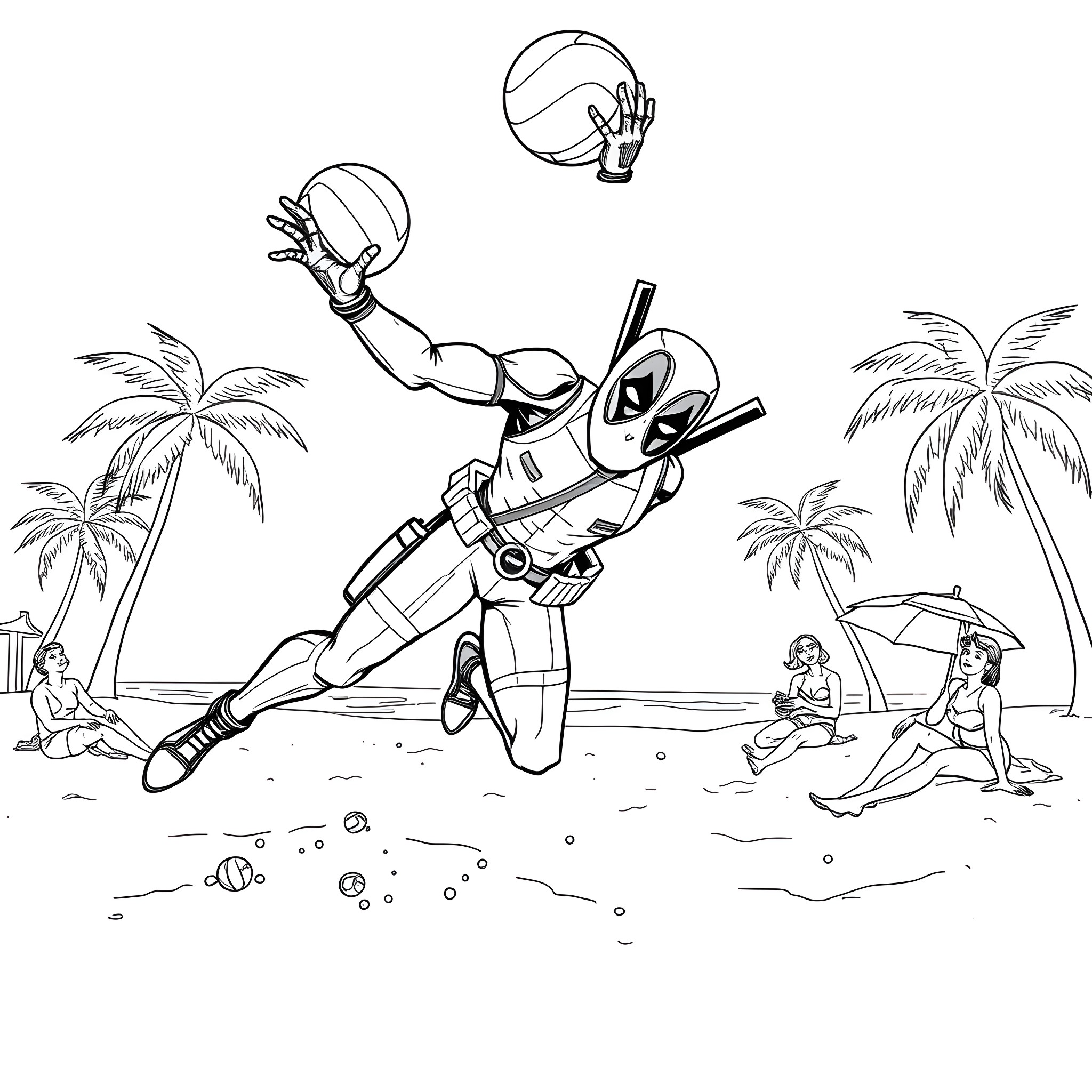 Deadpool playing volleyball on the beach Coloring Page (free black-and-white line drawing printable PDF for all, from beginners to advanced learners, including children, teens, adults, and seniors)