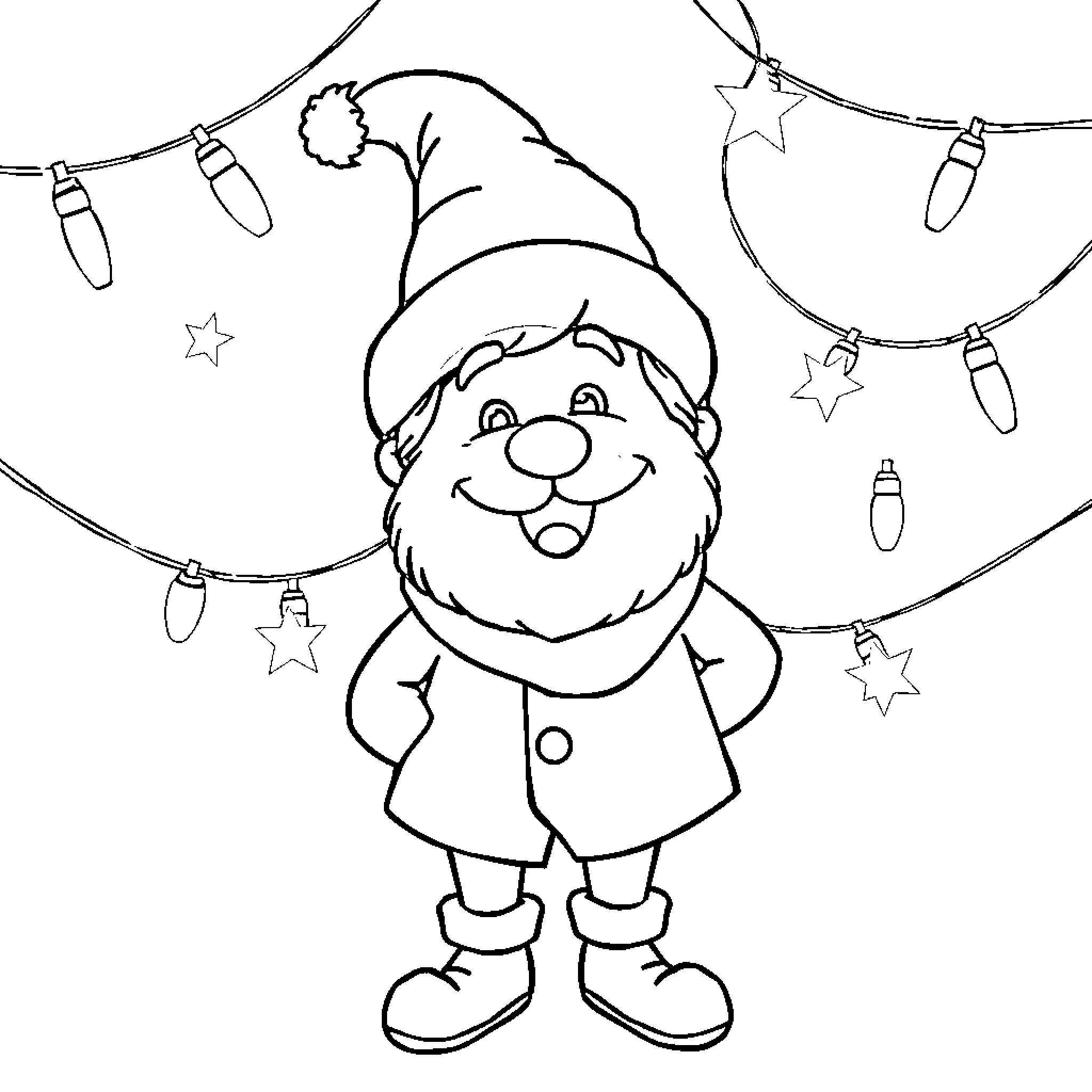 Christmas Gnome Smiling Amid Festive Lights Coloring Page (free black-and-white line drawing printable PDF for all, from beginners to advanced learners, including children, teens, adults, and seniors)