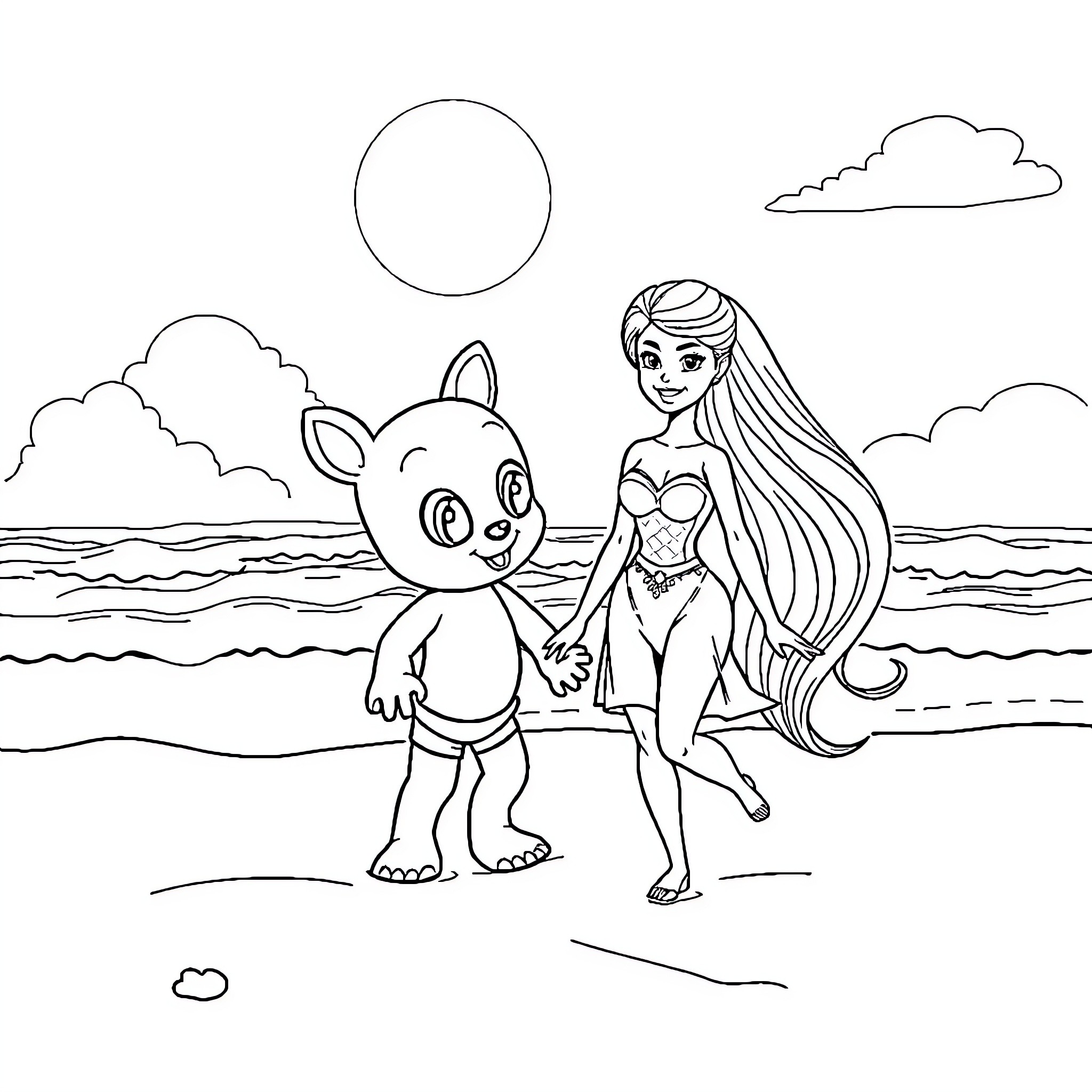 Bluey and the Mermaid on the Beach Coloring Page (free black-and-white line drawing printable PDF for all, from beginners to advanced learners, including children, teens, adults, and seniors)