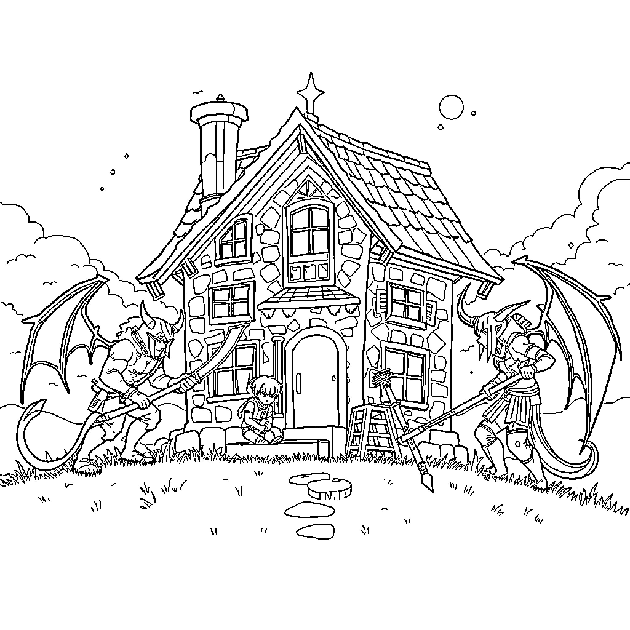 Kpop Demon Hunter Battles Mythical Creatures at Enchanted Cottage Coloring Page (free black-and-white line drawing printable PDF for all, from beginners to advanced learners, including children, teens, adults, and seniors)