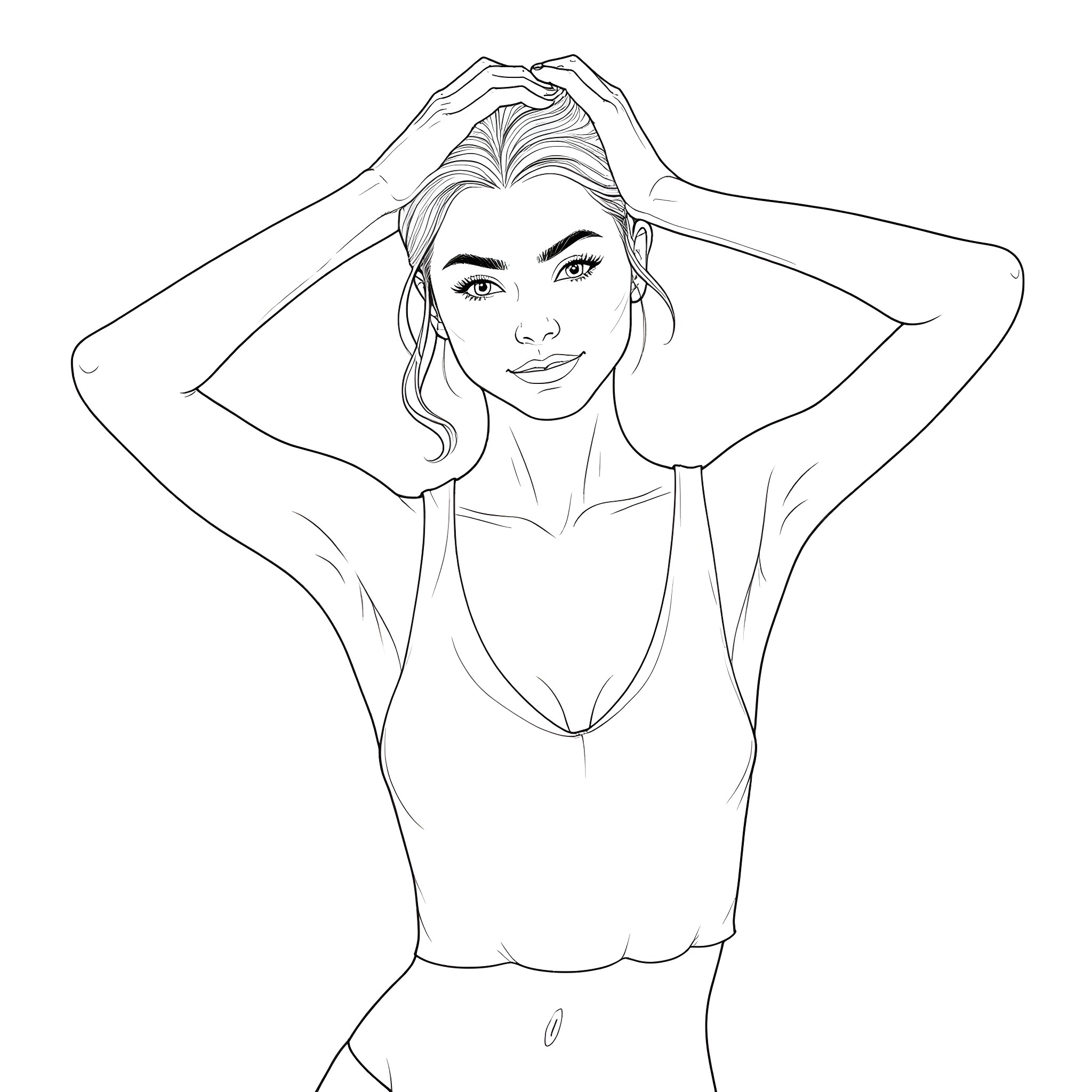 Model Posing in Casual Attire Coloring Page (free black-and-white line drawing printable PDF for all, from beginners to advanced learners, including children, teens, adults, and seniors)