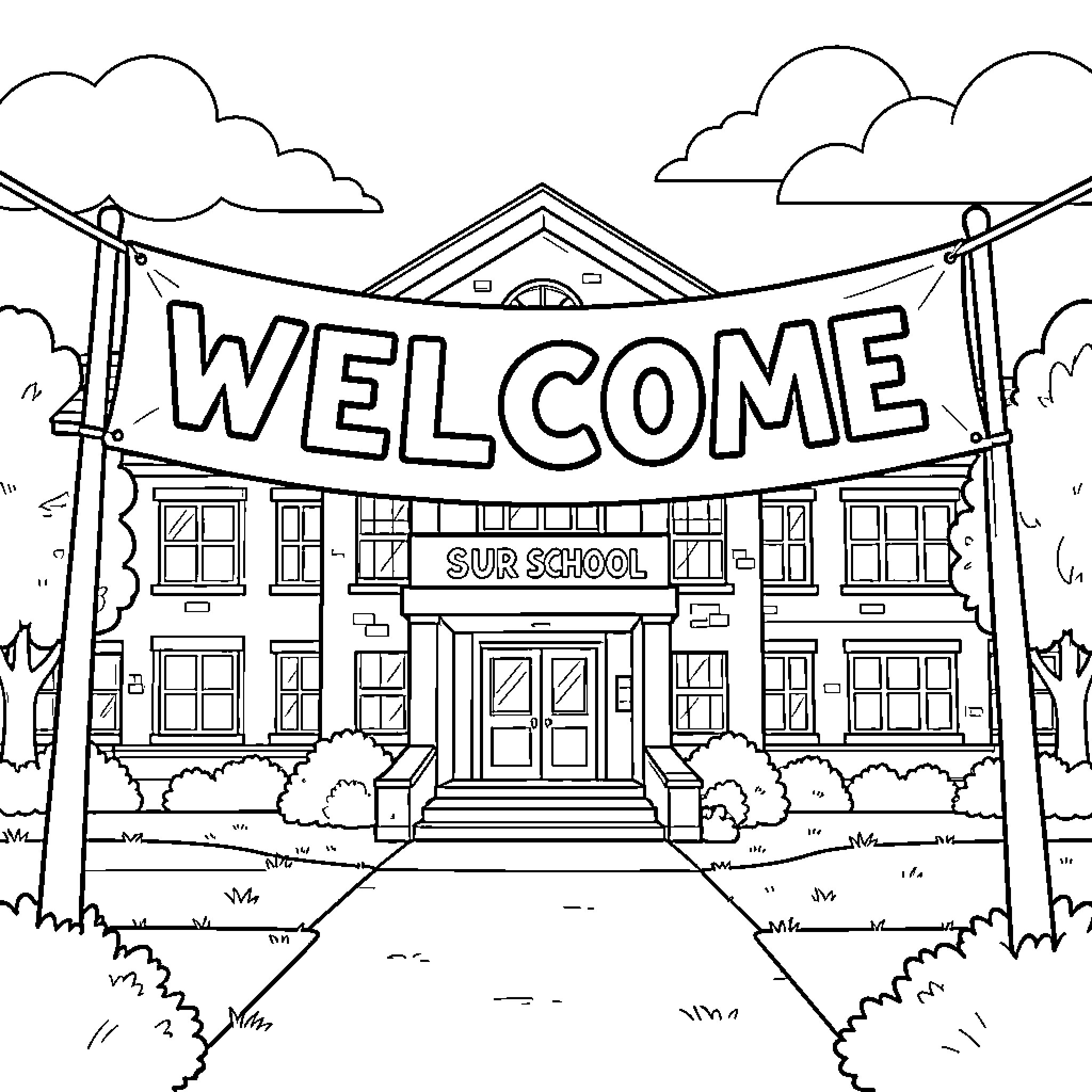 School Welcome Celebration with Building Entrance Coloring Page (free black-and-white line drawing printable PDF for all, from beginners to advanced learners, including children, teens, adults, and seniors)