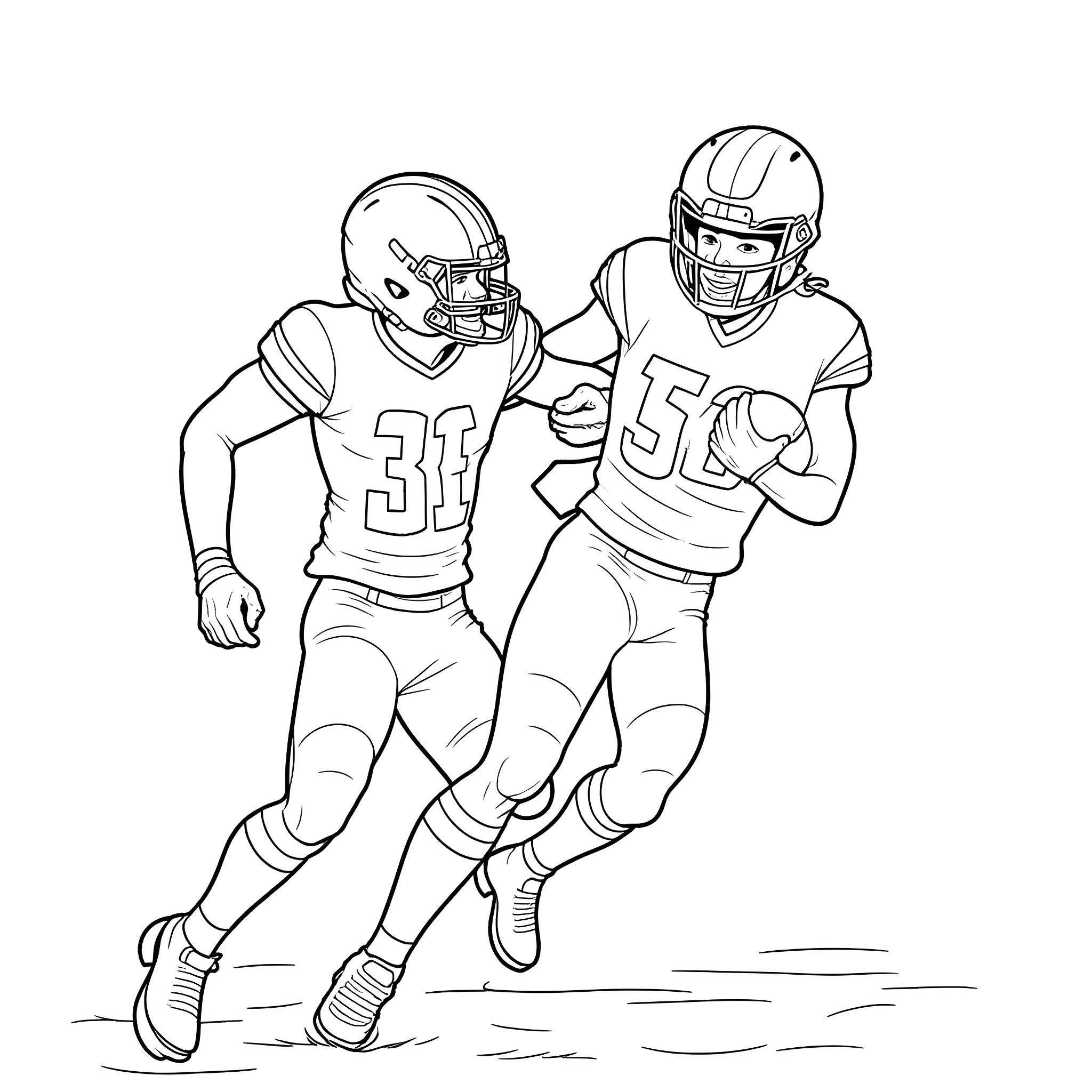 Micah Parsons in action on the football field Coloring Page (free black-and-white line drawing printable PDF for all, from beginners to advanced learners, including children, teens, adults, and seniors)