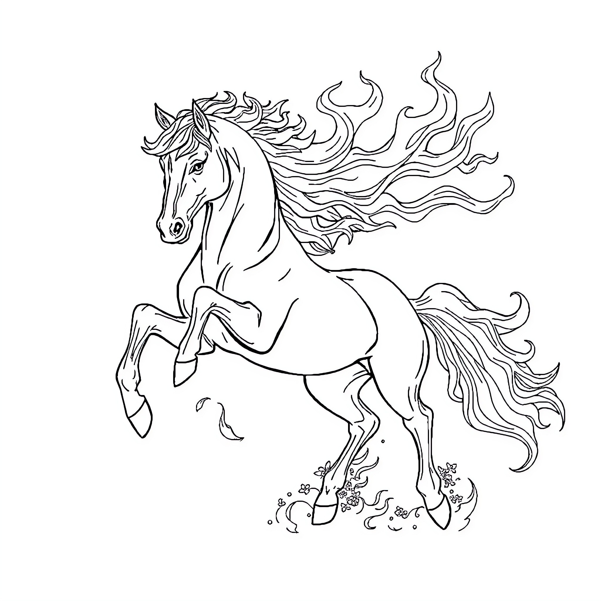 Horse galloping with flowing mane and tail Coloring Page (free black-and-white line drawing printable PDF for all, from beginners to advanced learners, including children, teens, adults, and seniors)