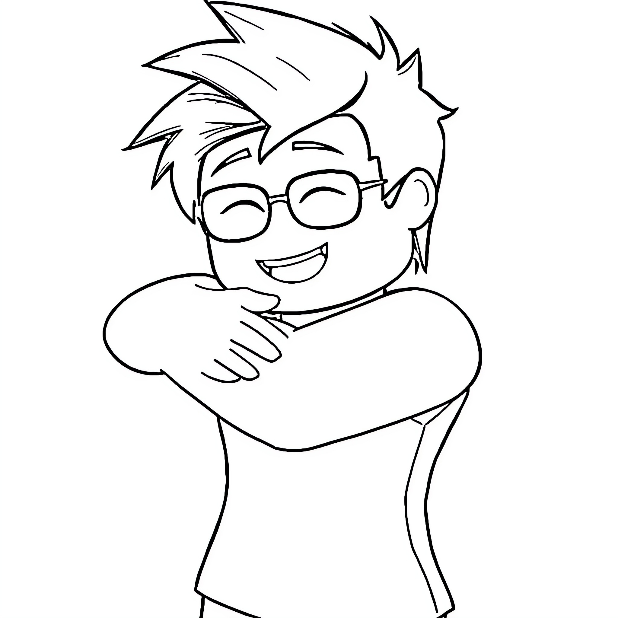 Cool Kid Cheerfully Embracing Himself Coloring Page (free black-and-white line drawing printable PDF for all, from beginners to advanced learners, including children, teens, adults, and seniors)
