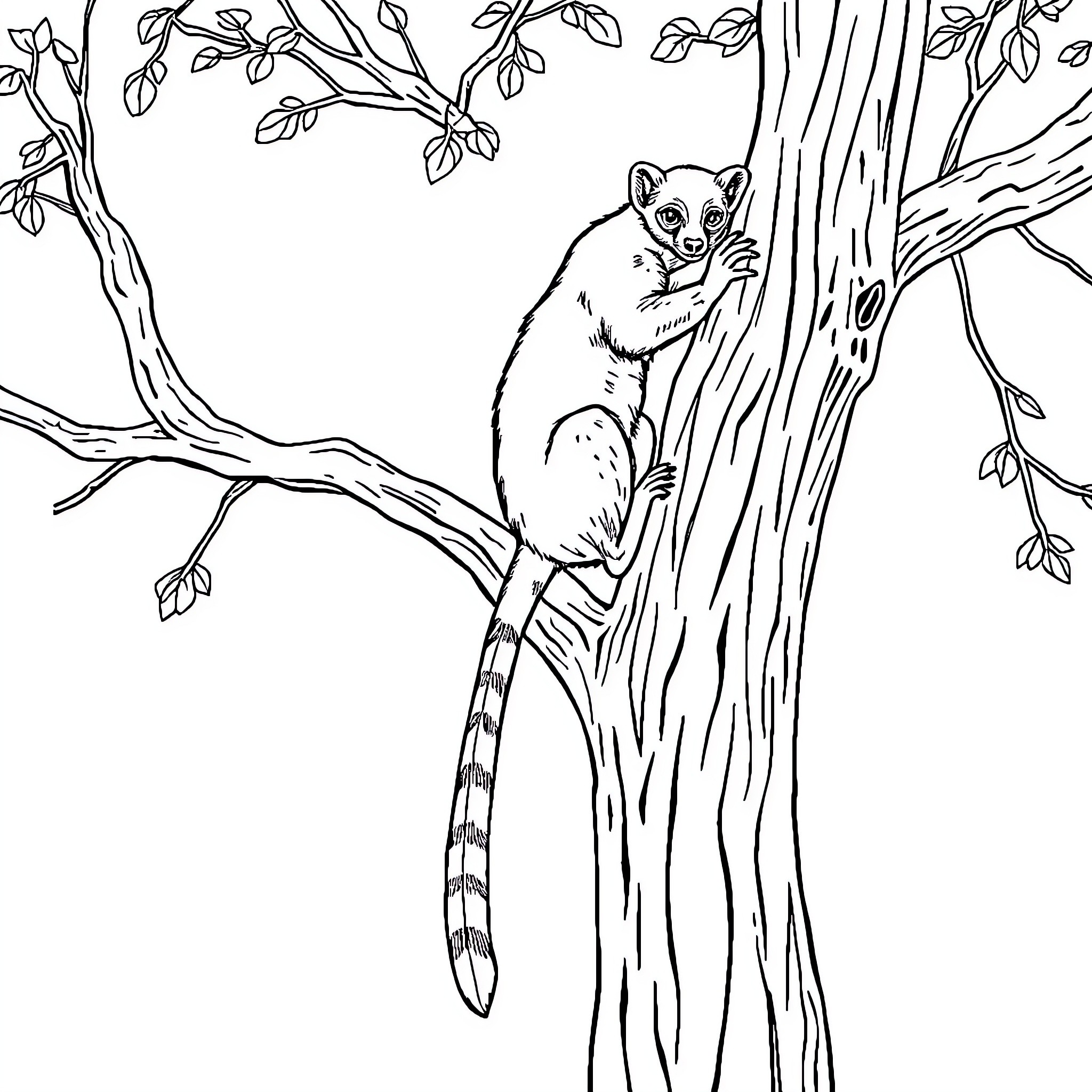 Fossa climbing tree in forest Coloring Page (free black-and-white line drawing printable PDF for all, from beginners to advanced learners, including children, teens, adults, and seniors)