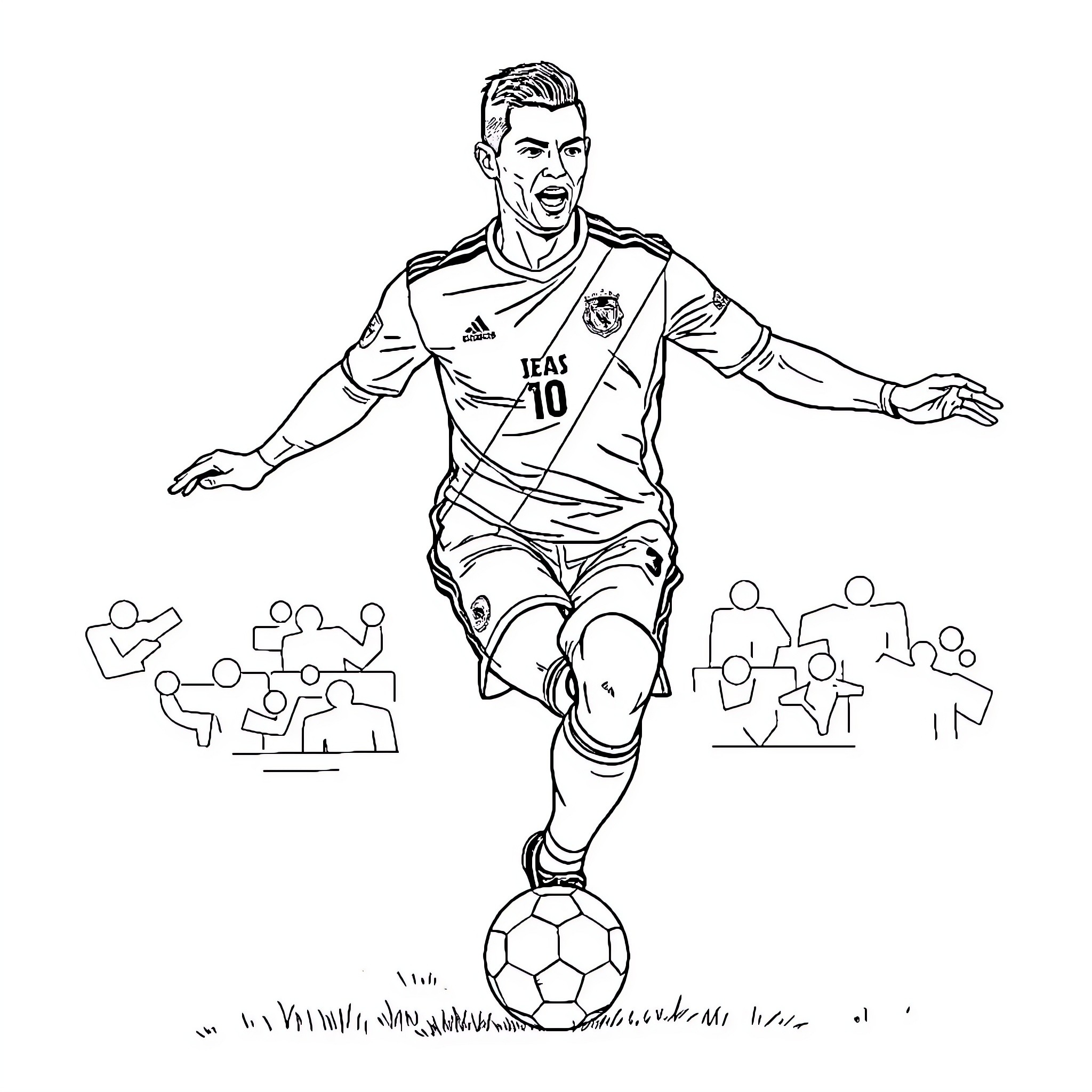 Ronaldo celebrating after scoring a goal Coloring Page (free black-and-white line drawing printable PDF for all, from beginners to advanced learners, including children, teens, adults, and seniors)