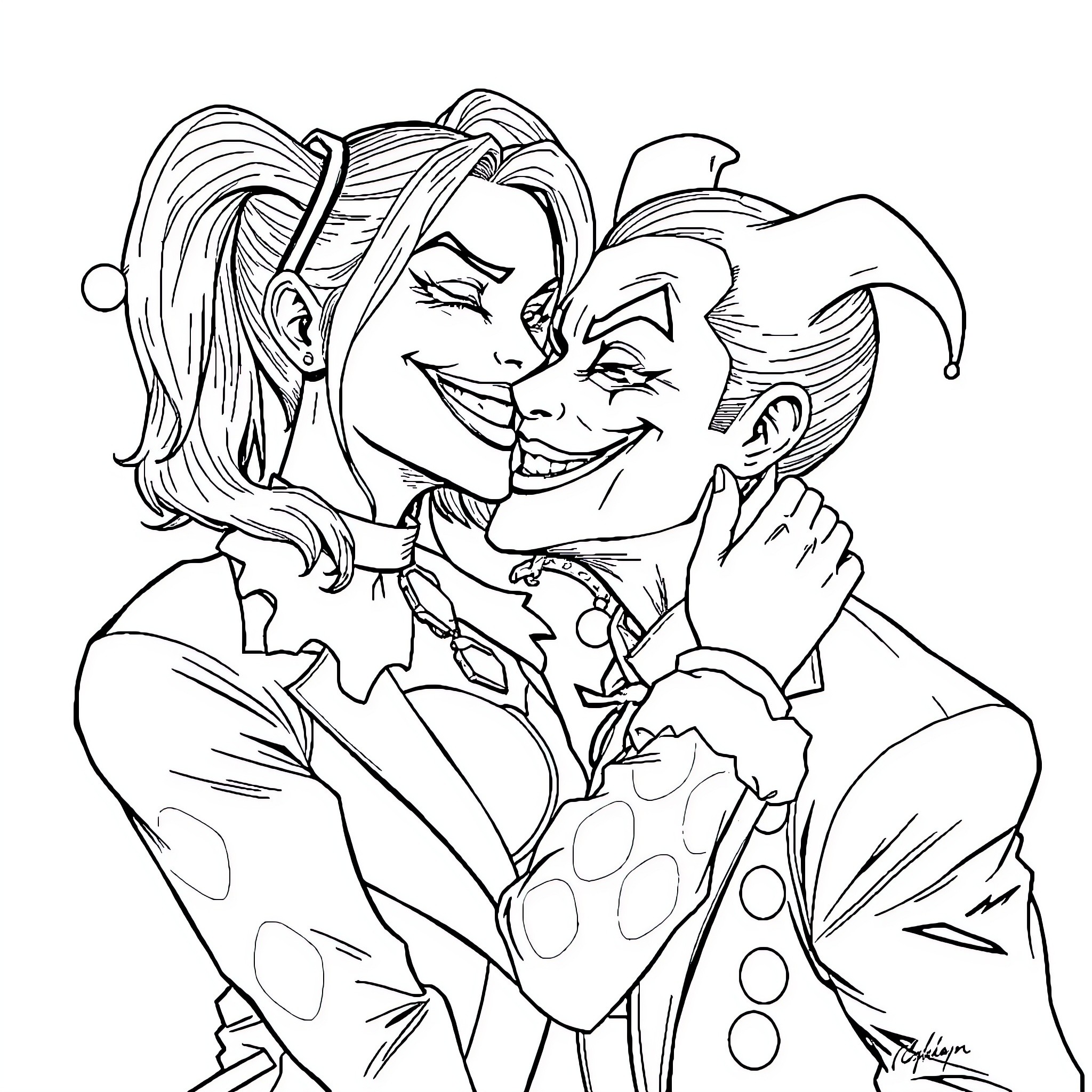 Harley Quinn and Joker's Playful Embrace Coloring Page (free black-and-white line drawing printable PDF for all, from beginners to advanced learners, including children, teens, adults, and seniors)