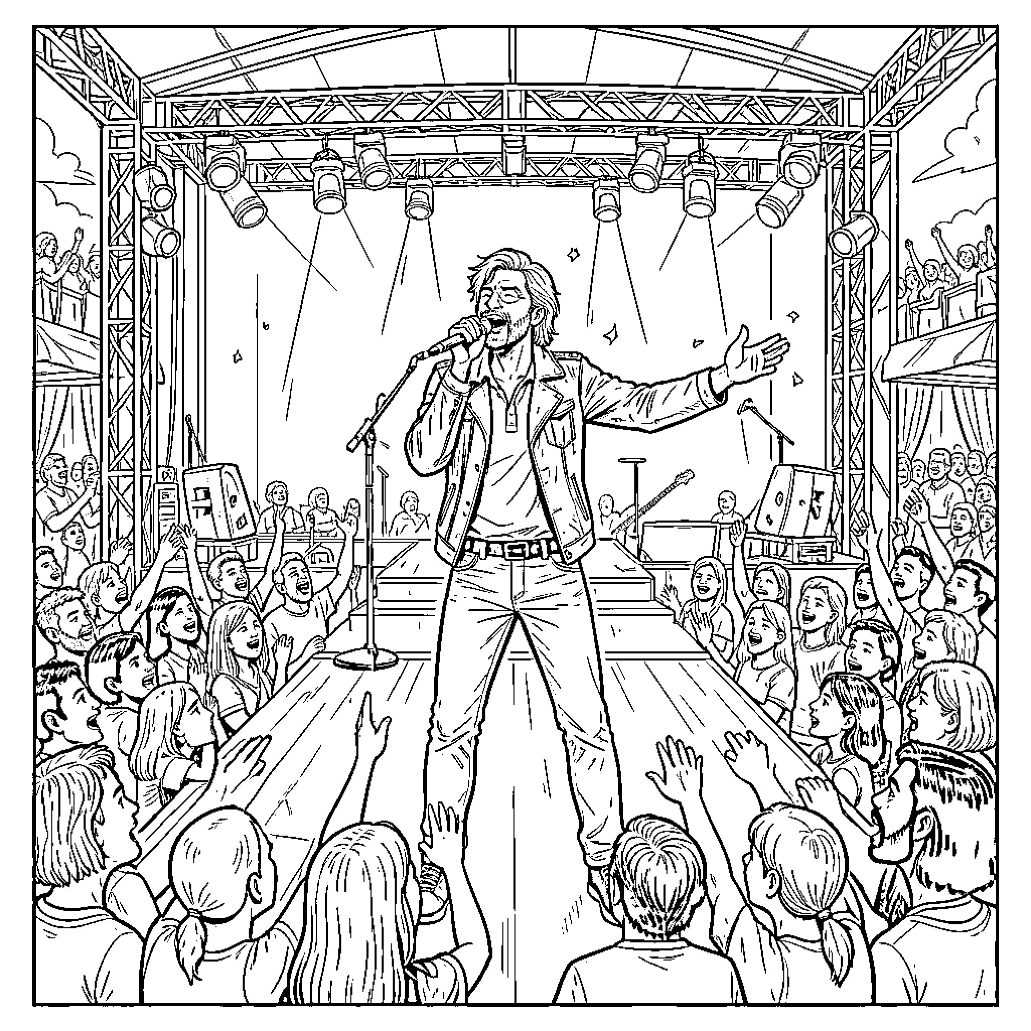 Alex Warren performing energetically on stage for a crowd Coloring Page (free black-and-white line drawing printable PDF for all, from beginners to advanced learners, including children, teens, adults, and seniors)