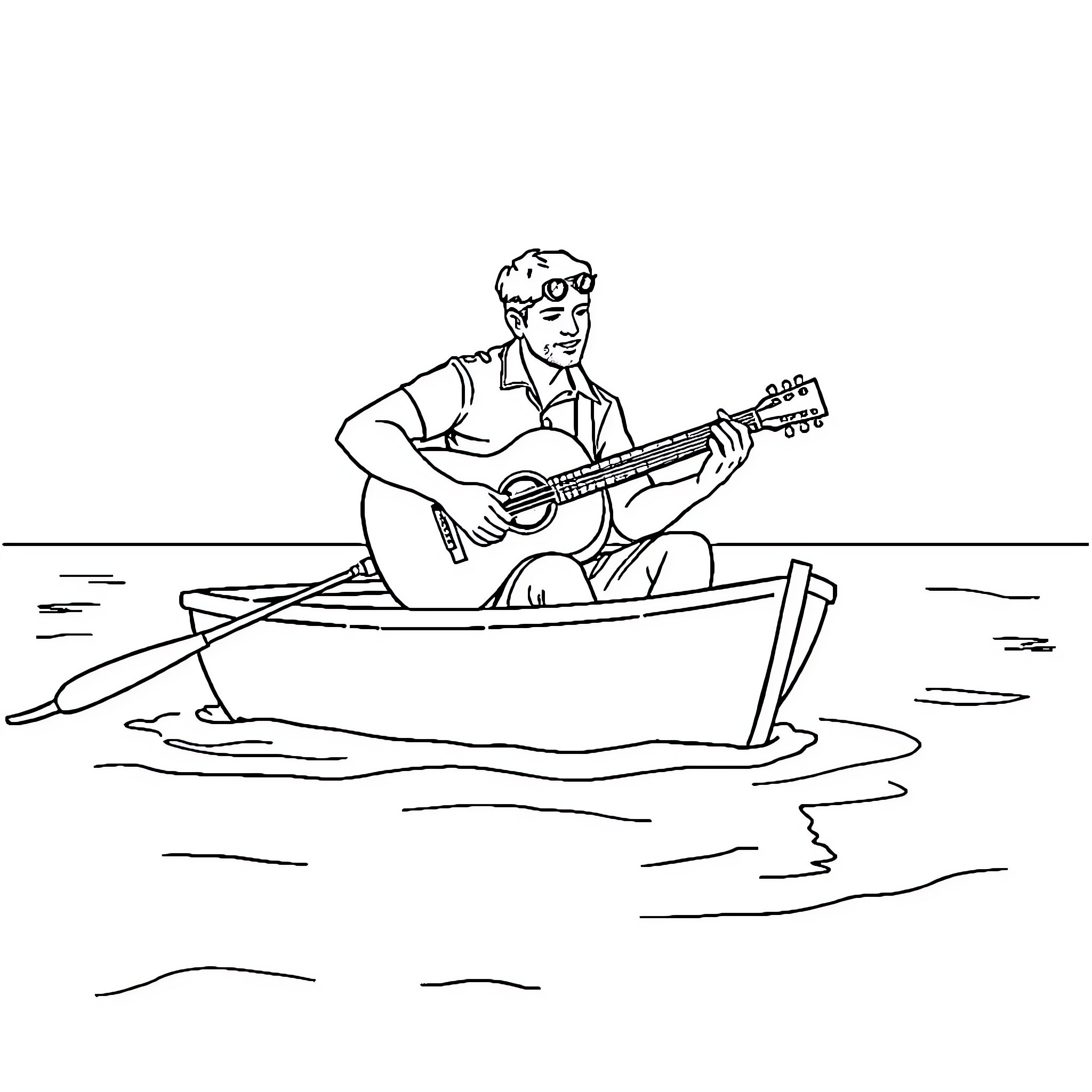 Guy playing guitar peacefully in a rowboat Coloring Page (free black-and-white line drawing printable PDF for all, from beginners to advanced learners, including children, teens, adults, and seniors)