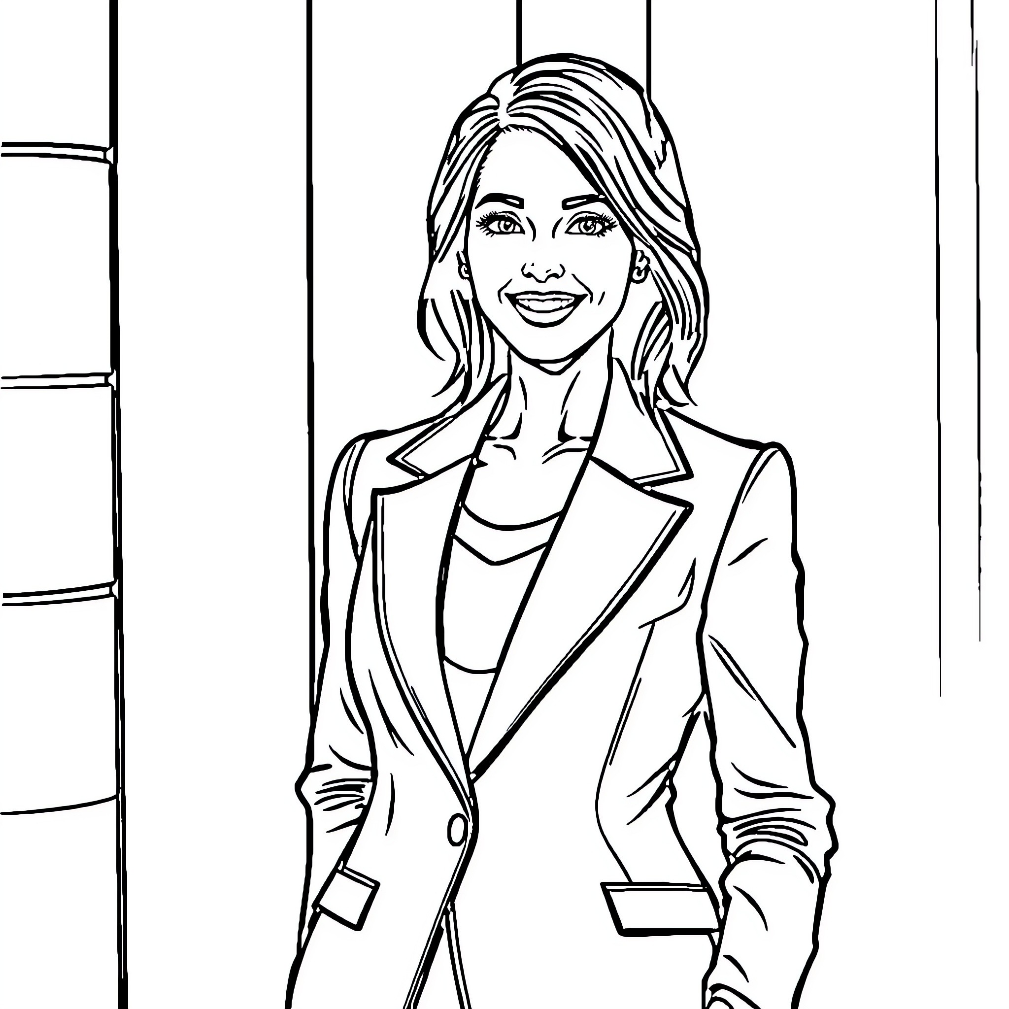 Blazer-clad woman posing confidently in office setting Coloring Page (free black-and-white line drawing printable PDF for all, from beginners to advanced learners, including children, teens, adults, and seniors)