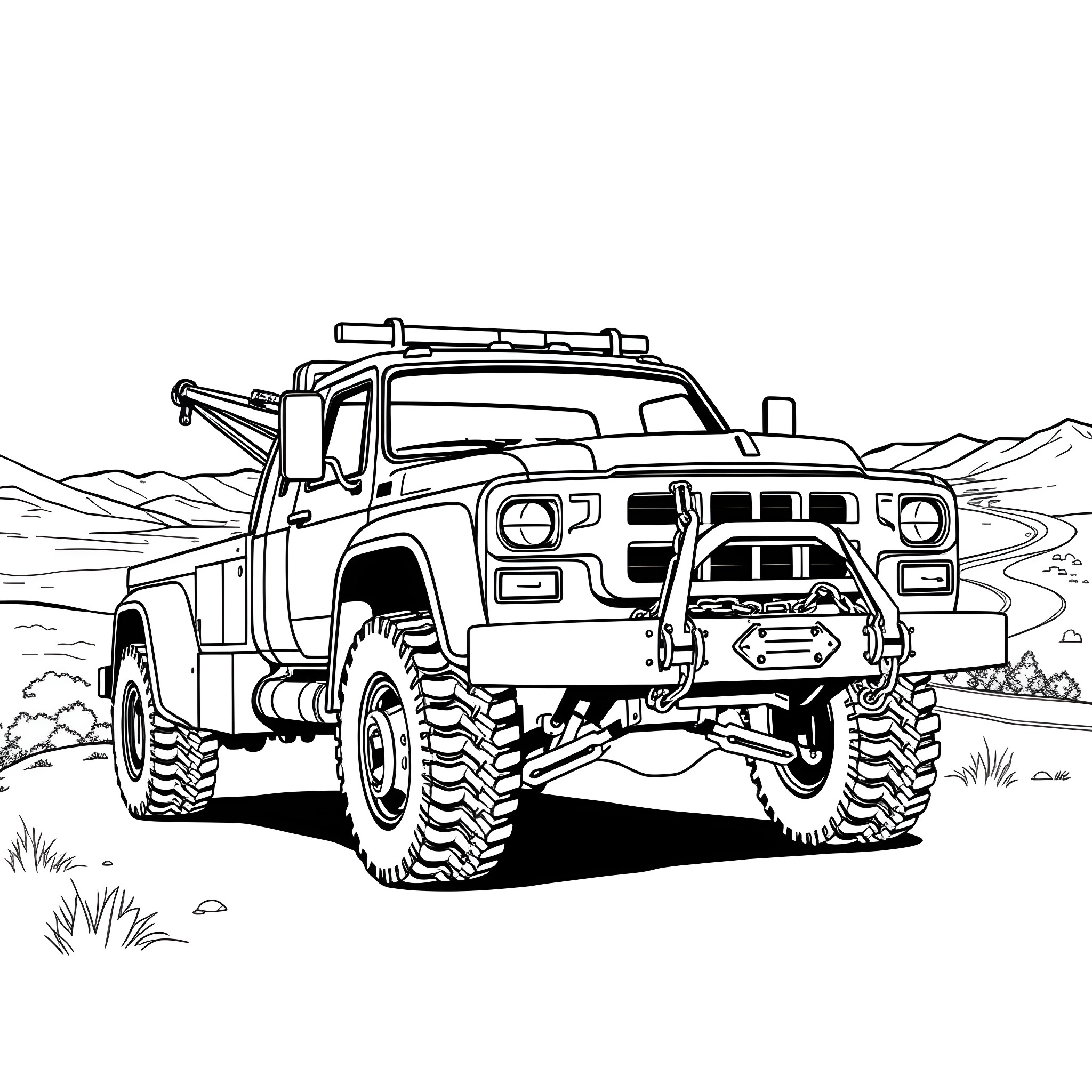 Wrecker vehicle navigating rough terrain Coloring Page (free black-and-white line drawing printable PDF for all, from beginners to advanced learners, including children, teens, adults, and seniors)