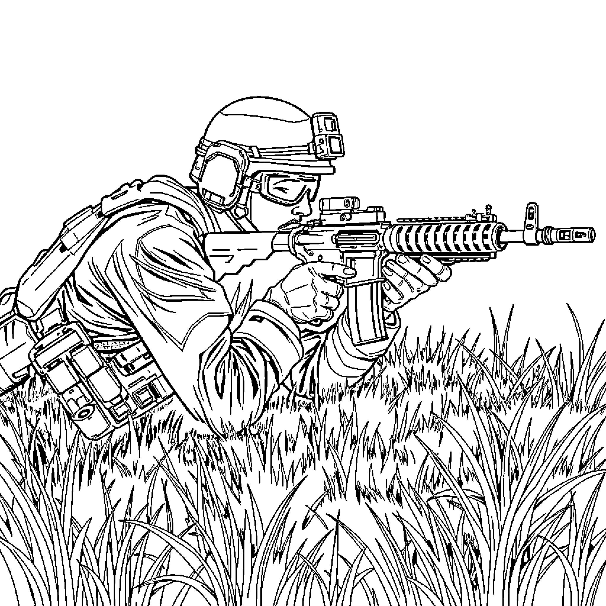 Soldier in combat gear with weapon on the battlefield Coloring Page (free black-and-white line drawing printable PDF for all, from beginners to advanced learners, including children, teens, adults, and seniors)