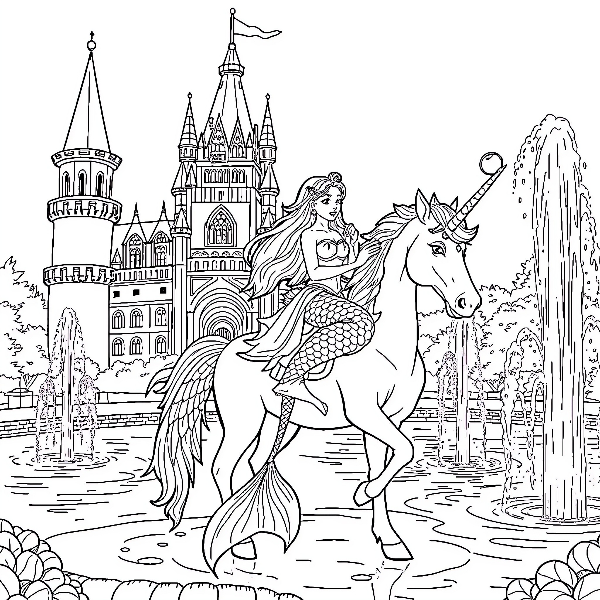 Mermaid riding a unicorn in a magical castle garden Coloring Page (free black-and-white line drawing printable PDF for all, from beginners to advanced learners, including children, teens, adults, and seniors)