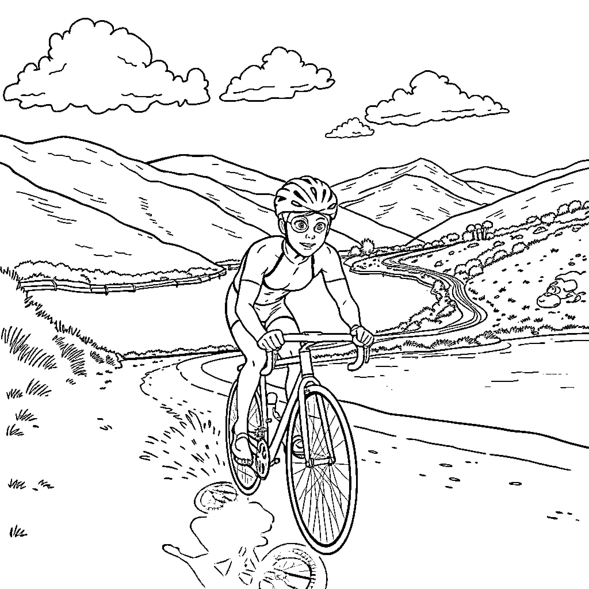 Triathlete cycling through scenic mountain landscape Coloring Page (free black-and-white line drawing printable PDF for all, from beginners to advanced learners, including children, teens, adults, and seniors)