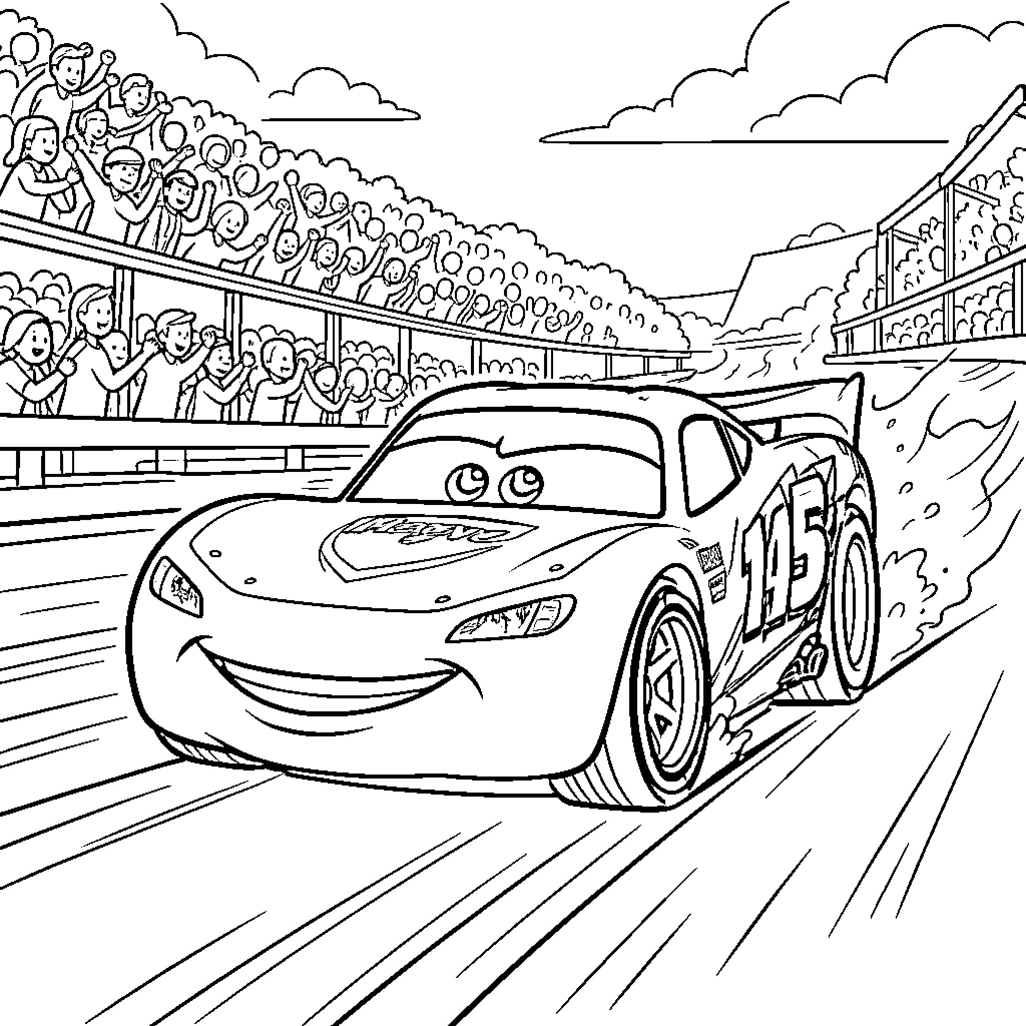 Rayo McQueen racing on the track with spectators Coloring Page (free black-and-white line drawing printable PDF for all, from beginners to advanced learners, including children, teens, adults, and seniors)