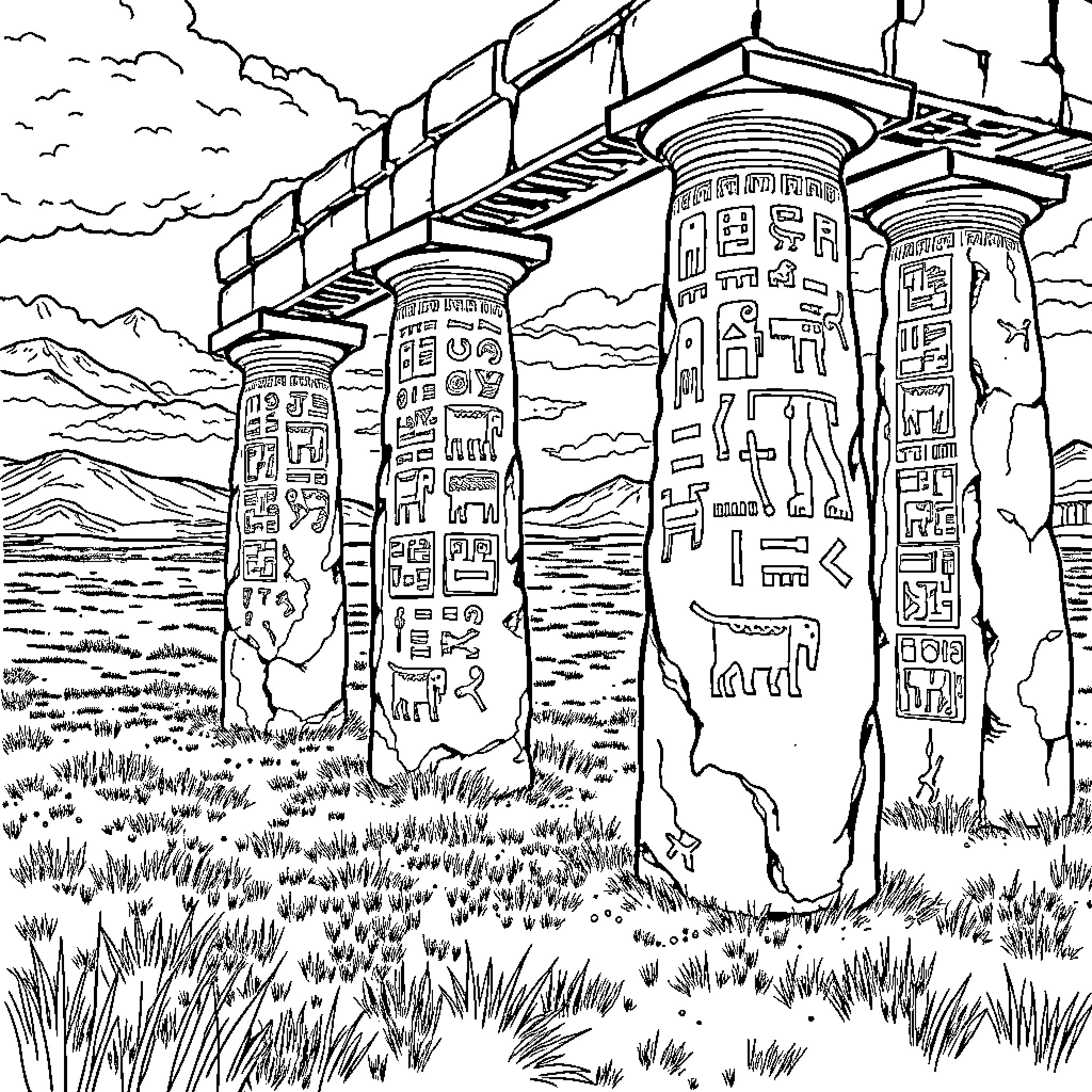 Gobekli Tepe: Monumental Stone Pillars Adorned with Ancient Symbols Coloring Page (free black-and-white line drawing printable PDF for all, from beginners to advanced learners, including children, teens, adults, and seniors)