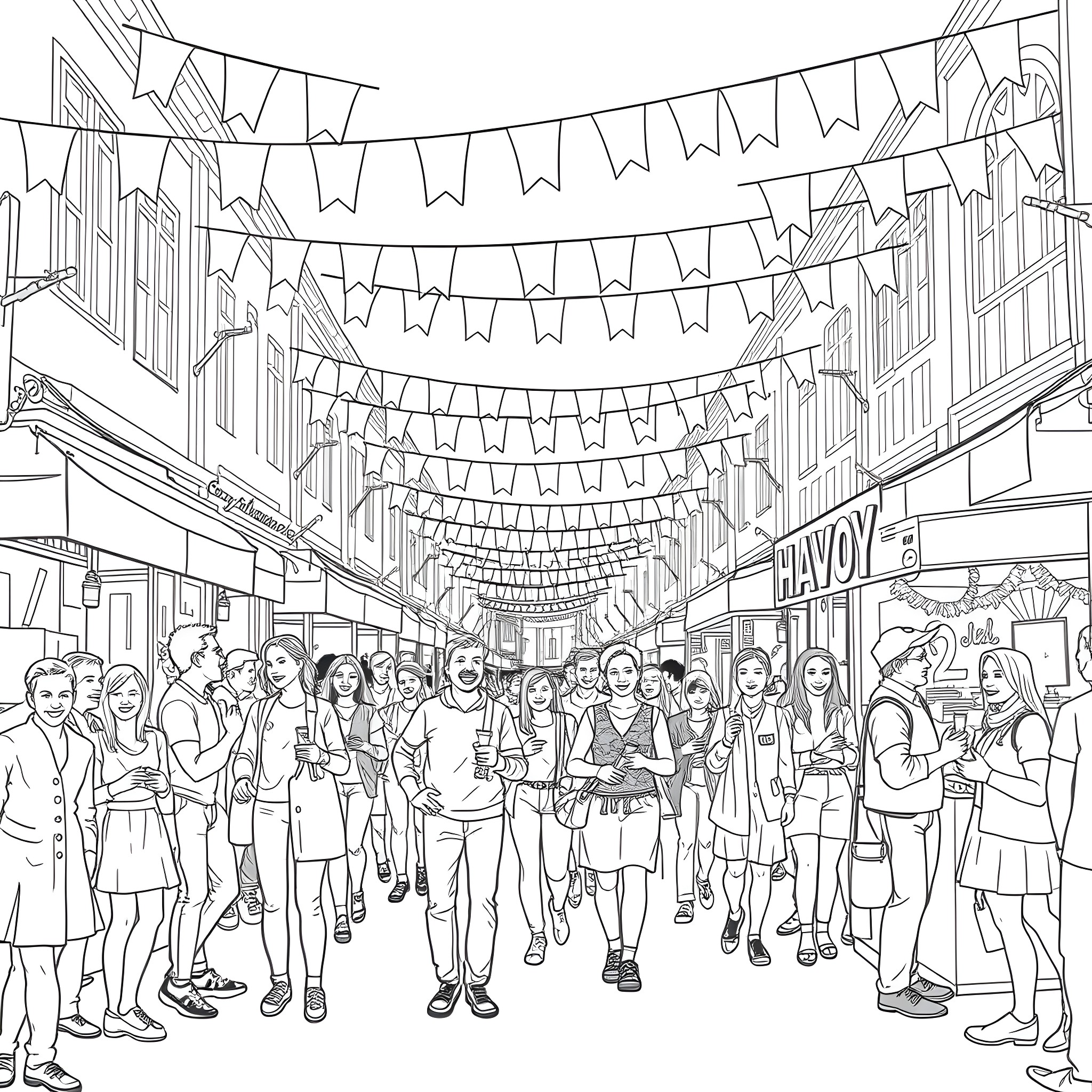 Pride Parade in the City Streets Coloring Page (free black-and-white line drawing printable PDF for all, from beginners to advanced learners, including children, teens, adults, and seniors)