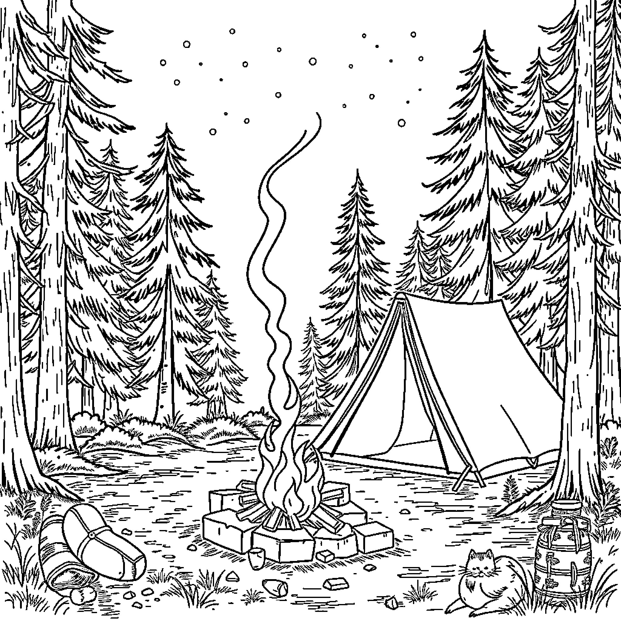 Campfire night in the snowy forest Coloring Page (free black-and-white line drawing printable PDF for all, from beginners to advanced learners, including children, teens, adults, and seniors)