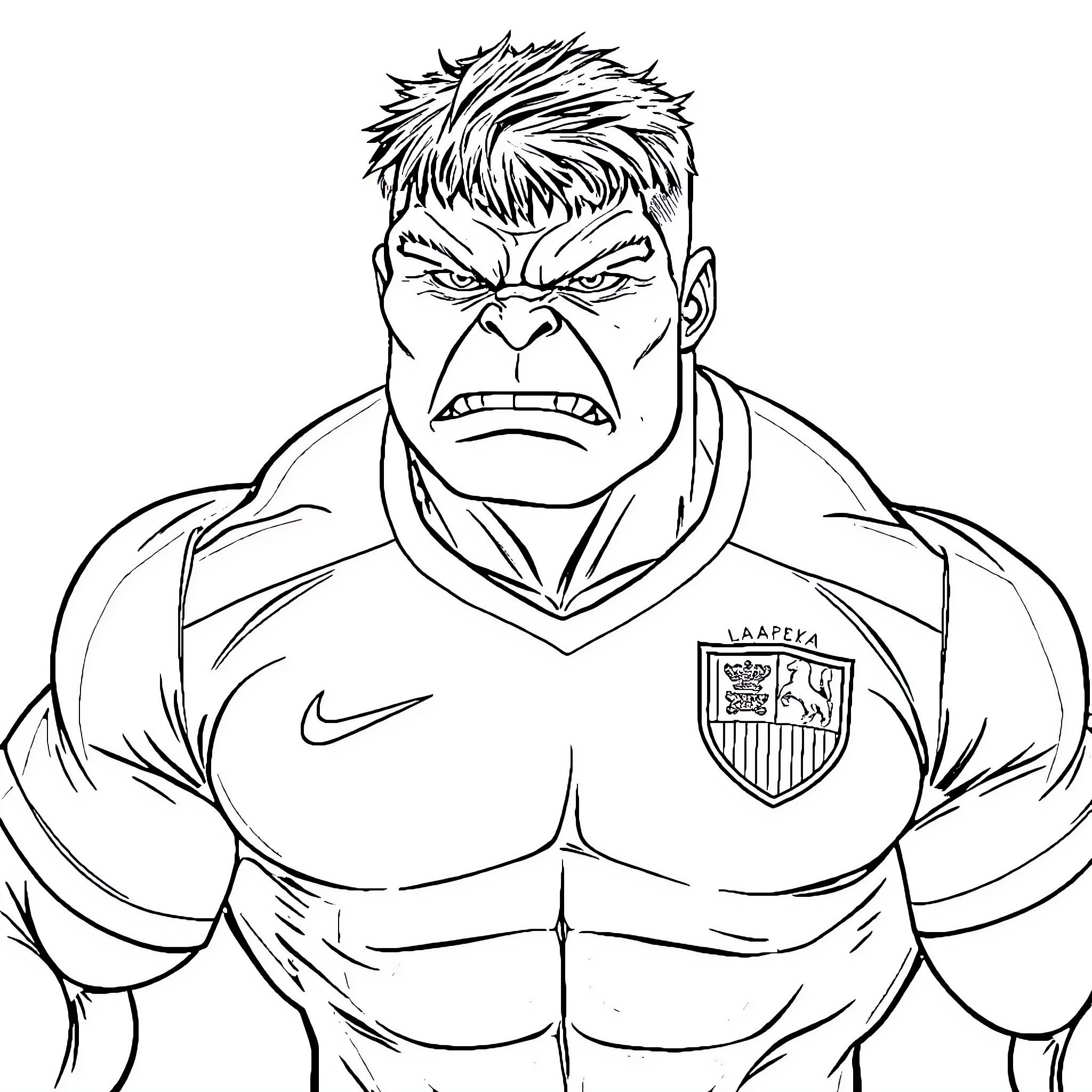 Hulk in angry sports uniform posing fiercely Coloring Page (free black-and-white line drawing printable PDF for all, from beginners to advanced learners, including children, teens, adults, and seniors)