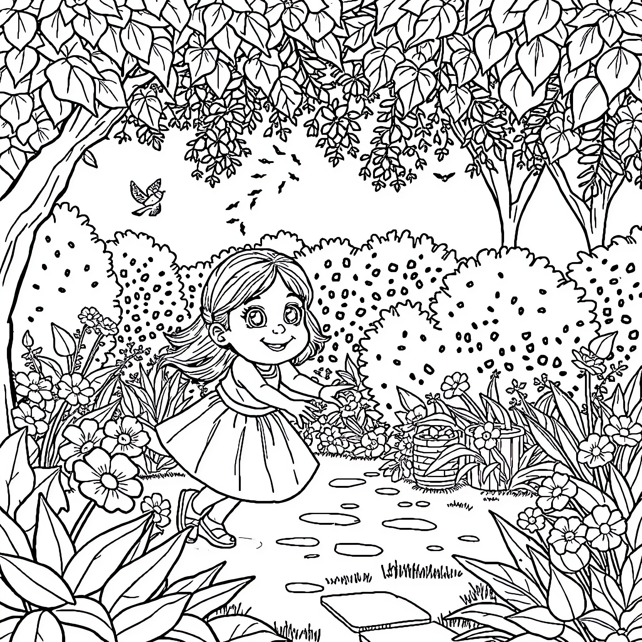 Girl in a Whimsical Garden Wonderland Coloring Page (free black-and-white line drawing printable PDF for all, from beginners to advanced learners, including children, teens, adults, and seniors)