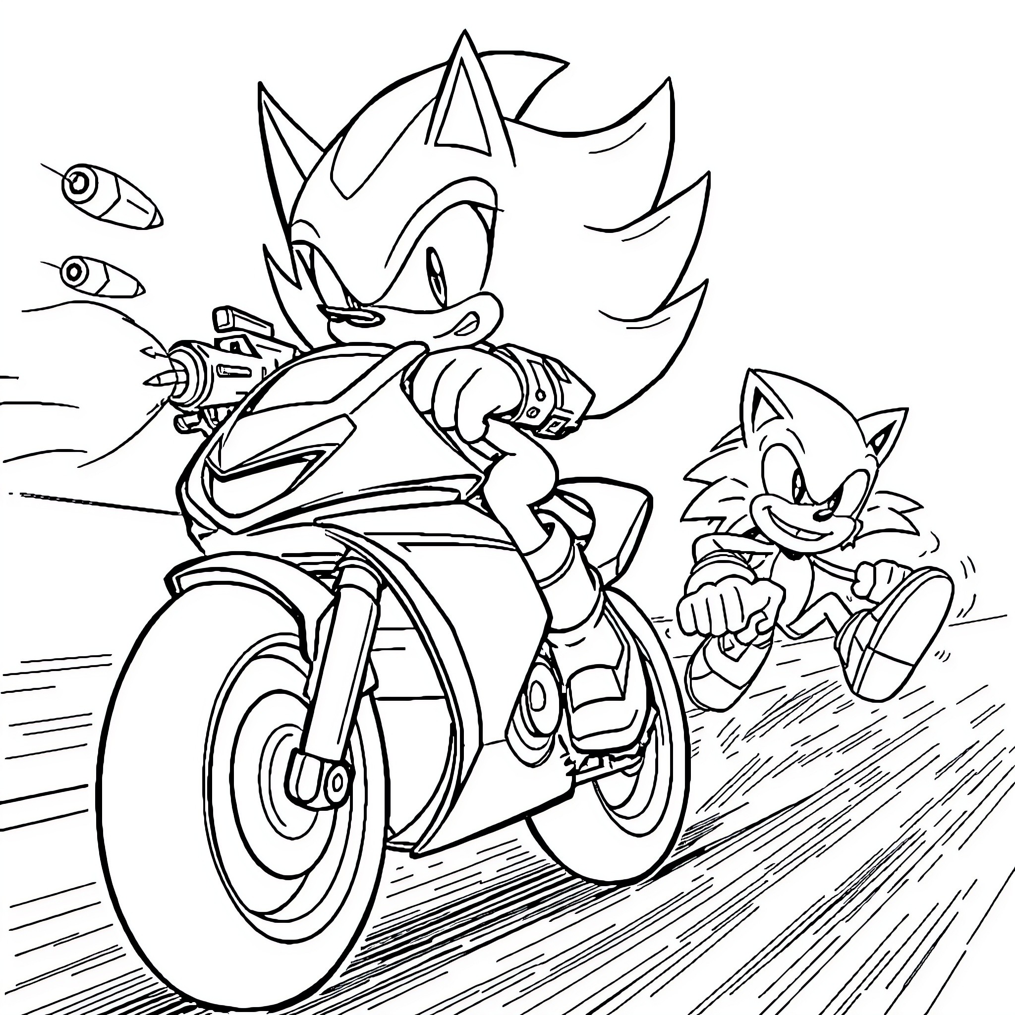 Shadow Racing Motorcycles with Friends Coloring Page (free black-and-white line drawing printable PDF for all, from beginners to advanced learners, including children, teens, adults, and seniors)