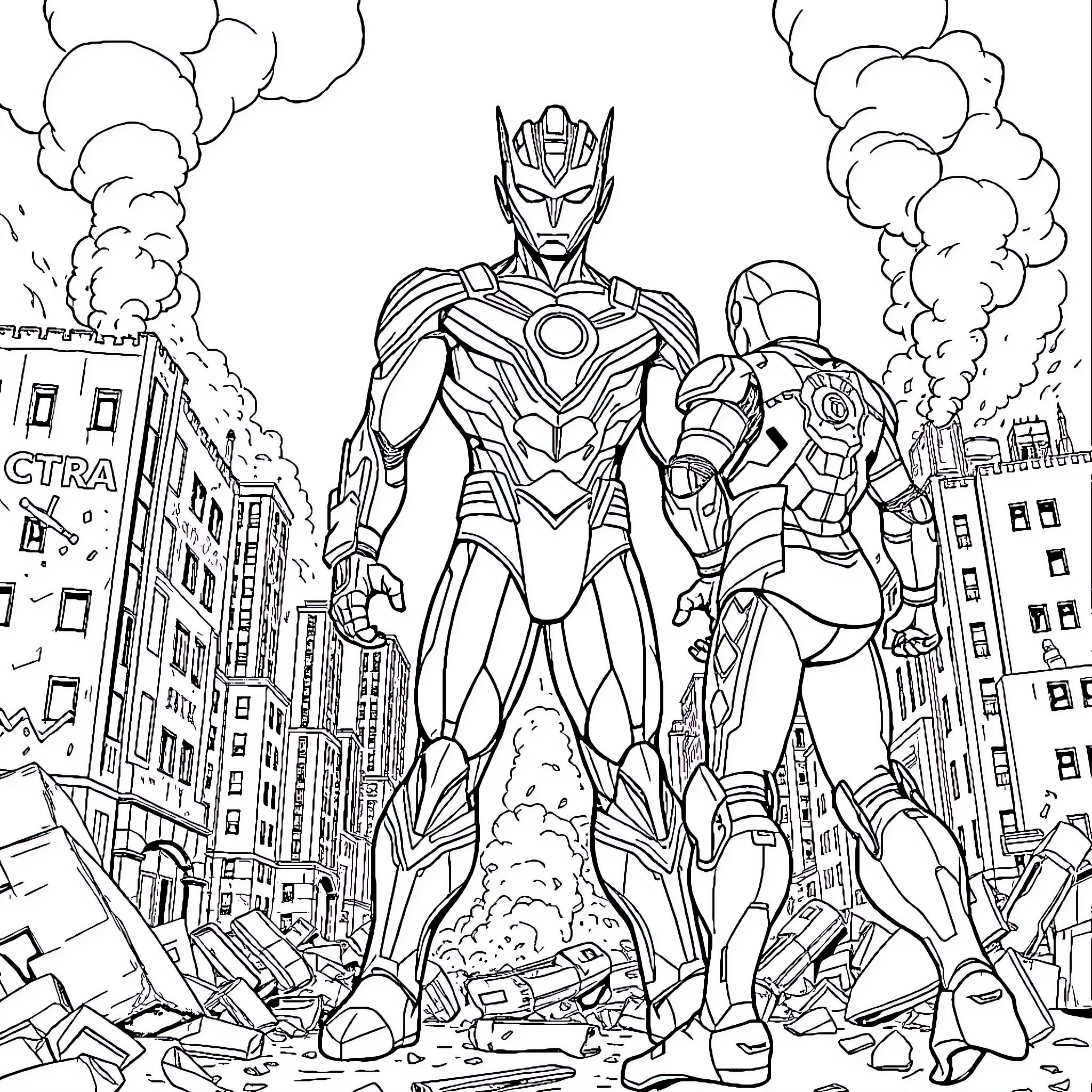 Ultraman heroically saves the city from destruction Coloring Page (free black-and-white line drawing printable PDF for all, from beginners to advanced learners, including children, teens, adults, and seniors)