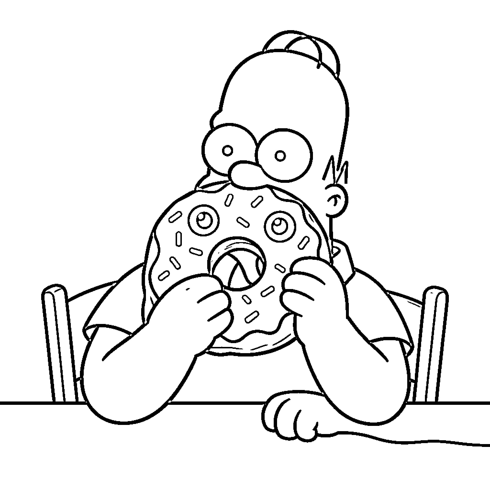 Homer Simpson enjoys a delicious donut Coloring Page (free black-and-white line drawing printable PDF for all, from beginners to advanced learners, including children, teens, adults, and seniors)