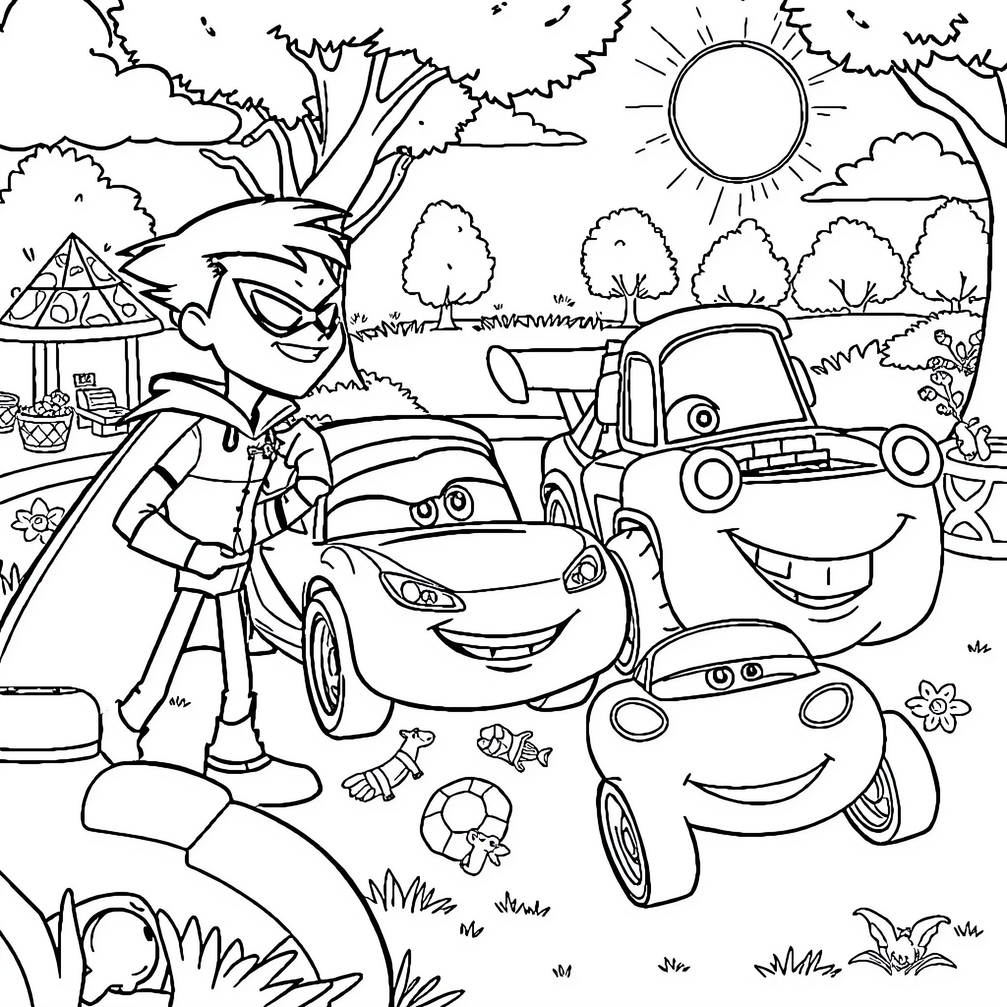 Teen Titans exploring the colorful outdoor scene Coloring Page (free black-and-white line drawing printable PDF for all, from beginners to advanced learners, including children, teens, adults, and seniors)