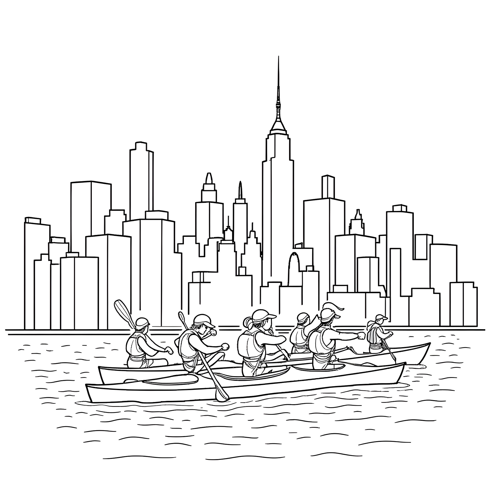 Kayak team paddling in the city harbor Coloring Page (free black-and-white line drawing printable PDF for all, from beginners to advanced learners, including children, teens, adults, and seniors)