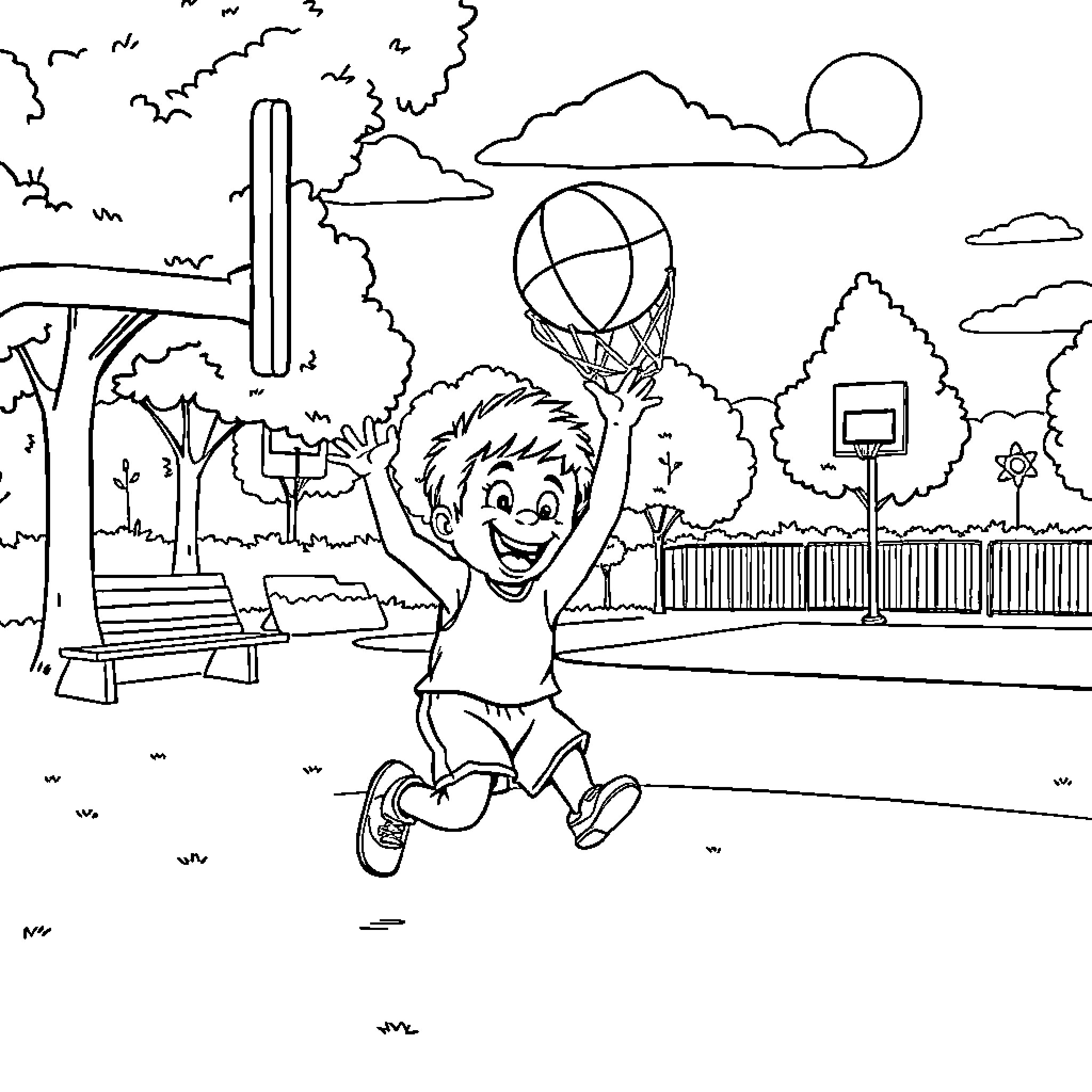Pocoyo playing joyfully with a ball at the park Coloring Page (free black-and-white line drawing printable PDF for all, from beginners to advanced learners, including children, teens, adults, and seniors)