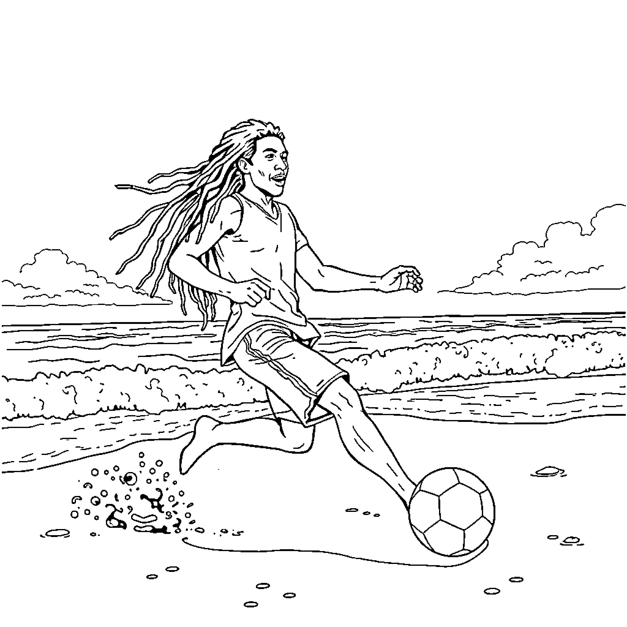 Bob Marley playing soccer on the beach Coloring Page (free black-and-white line drawing printable PDF for all, from beginners to advanced learners, including children, teens, adults, and seniors)