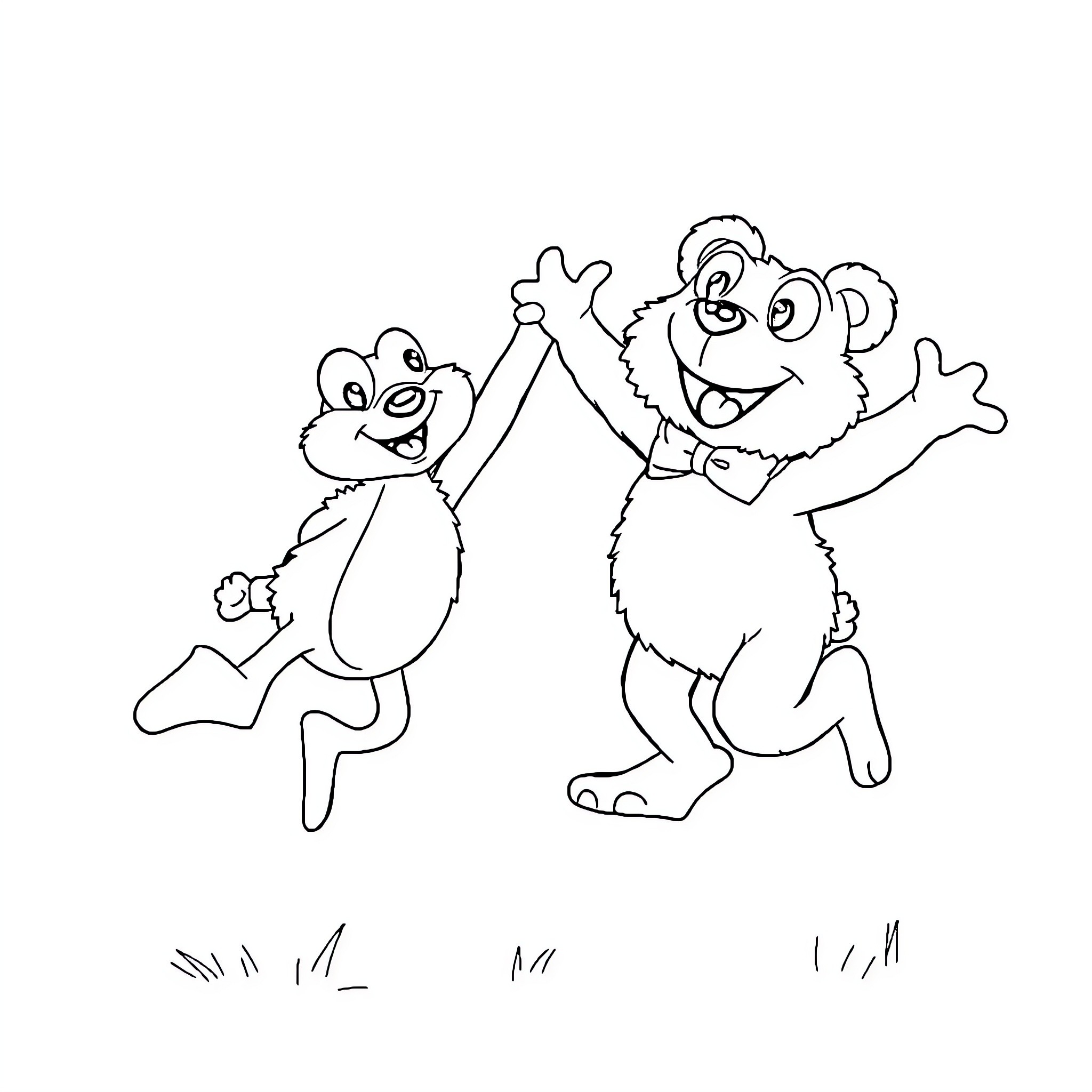 Teddy Bears Celebrating and Dancing Happily Coloring Page (free black-and-white line drawing printable PDF for all, from beginners to advanced learners, including children, teens, adults, and seniors)