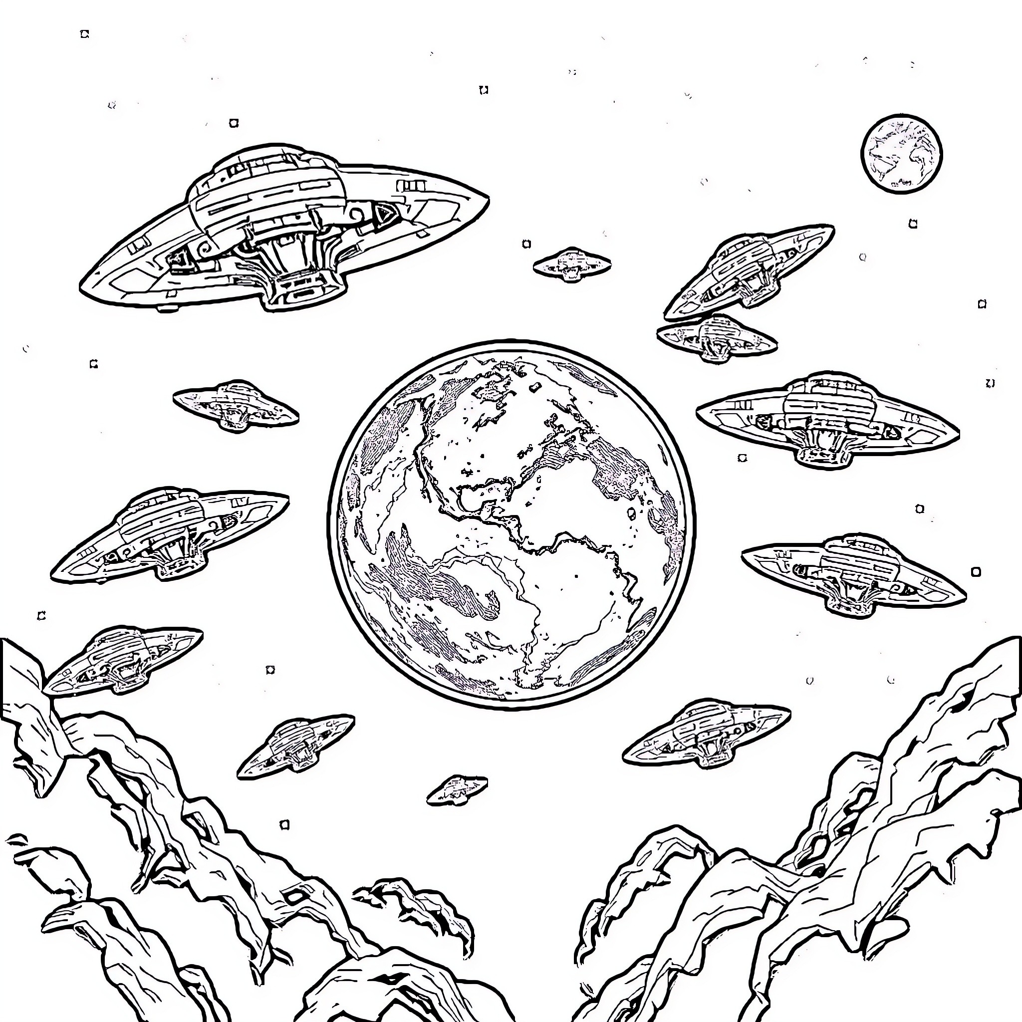 Earth explored by mysterious spacecraft in the galaxy Coloring Page (free black-and-white line drawing printable PDF for all, from beginners to advanced learners, including children, teens, adults, and seniors)