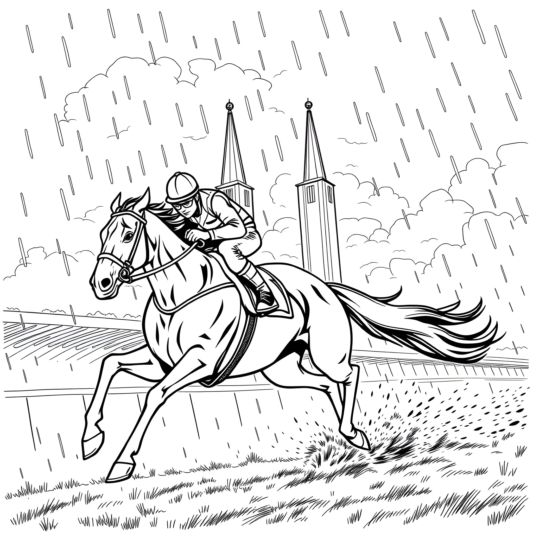 Racehorse galloping through rainy course towards finish line Coloring Page (free black-and-white line drawing printable PDF for all, from beginners to advanced learners, including children, teens, adults, and seniors)