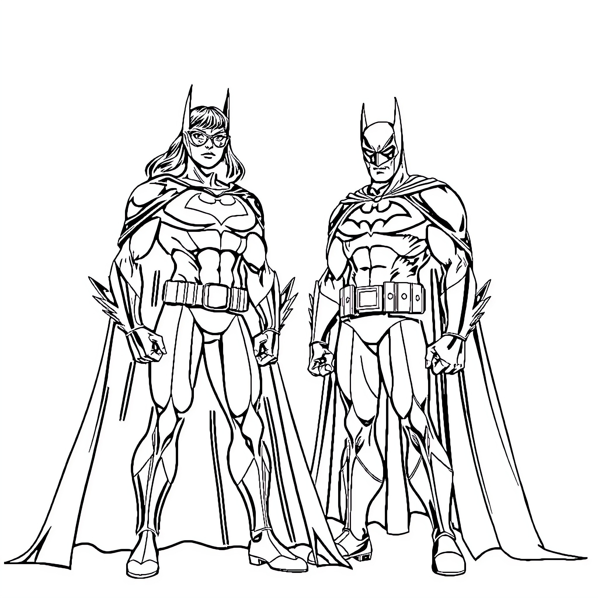 Itadori and Batman in Heroic Poses Coloring Page (free black-and-white line drawing printable PDF for all, from beginners to advanced learners, including children, teens, adults, and seniors)