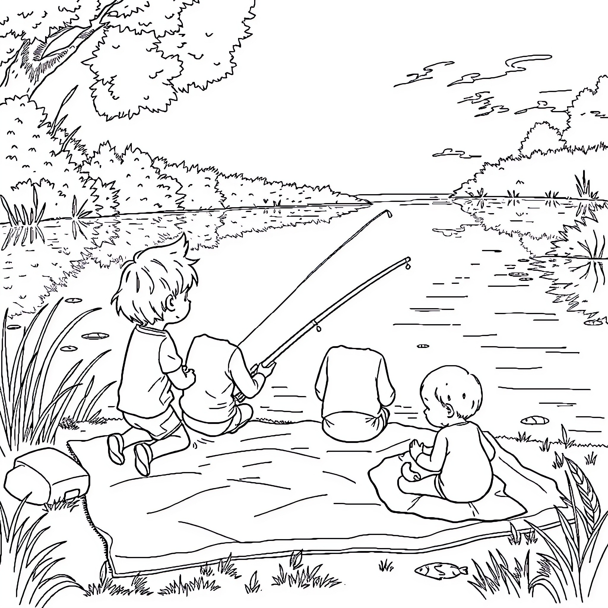 Kid fishing with friends by the lake Coloring Page (free black-and-white line drawing printable PDF for all, from beginners to advanced learners, including children, teens, adults, and seniors)
