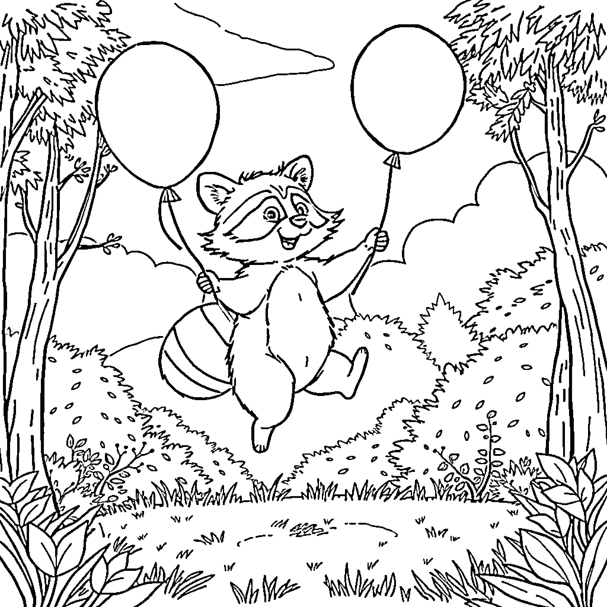 Raccoon playing joyfully with balloons in the forest Coloring Page (free black-and-white line drawing printable PDF for all, from beginners to advanced learners, including children, teens, adults, and seniors)