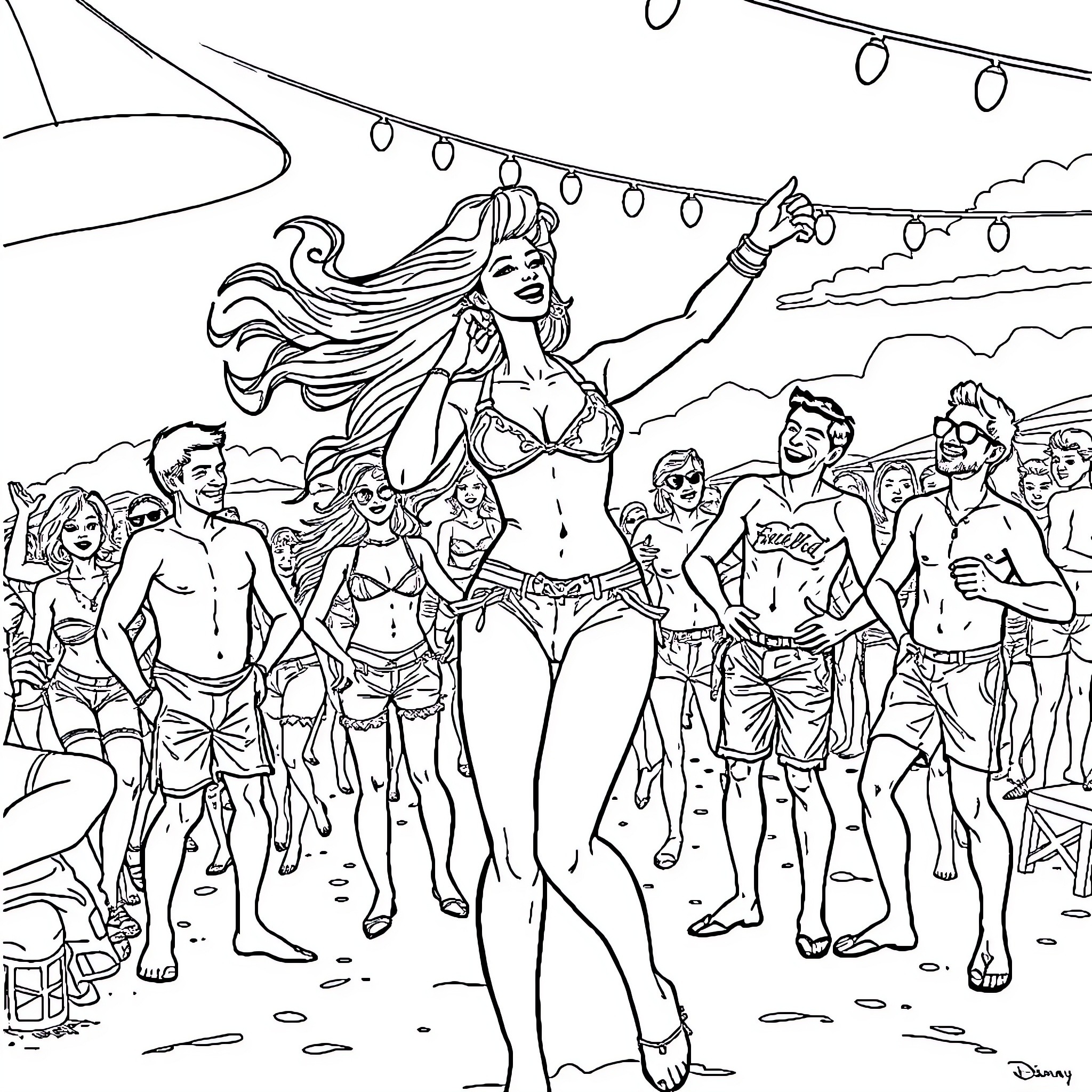 Woman dancing at a beach party with friends Coloring Page (free black-and-white line drawing printable PDF for all, from beginners to advanced learners, including children, teens, adults, and seniors)