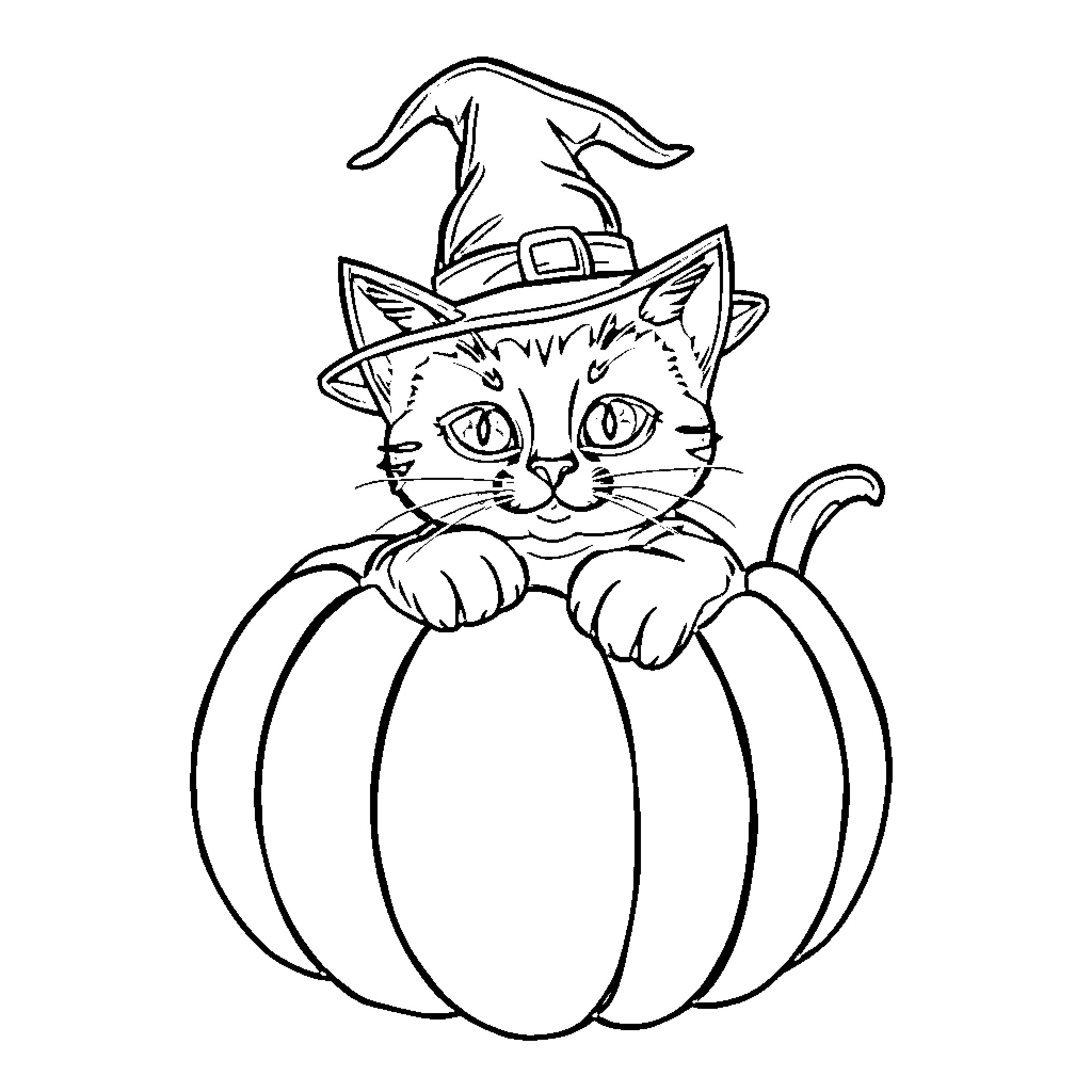 Cat in Witch Hat on Pumpkin Coloring Page (free black-and-white line drawing printable PDF for all, from beginners to advanced learners, including children, teens, adults, and seniors)