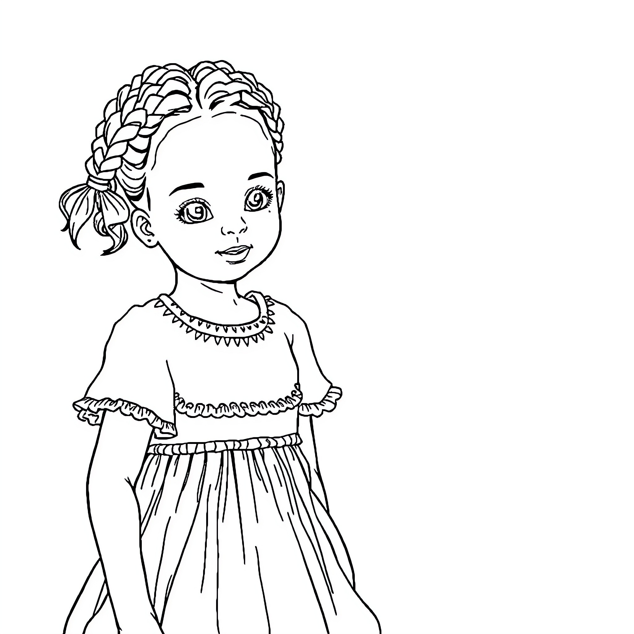 Girl in Elegant Dress with Braided Hair Coloring Page (free black-and-white line drawing printable PDF for all, from beginners to advanced learners, including children, teens, adults, and seniors)