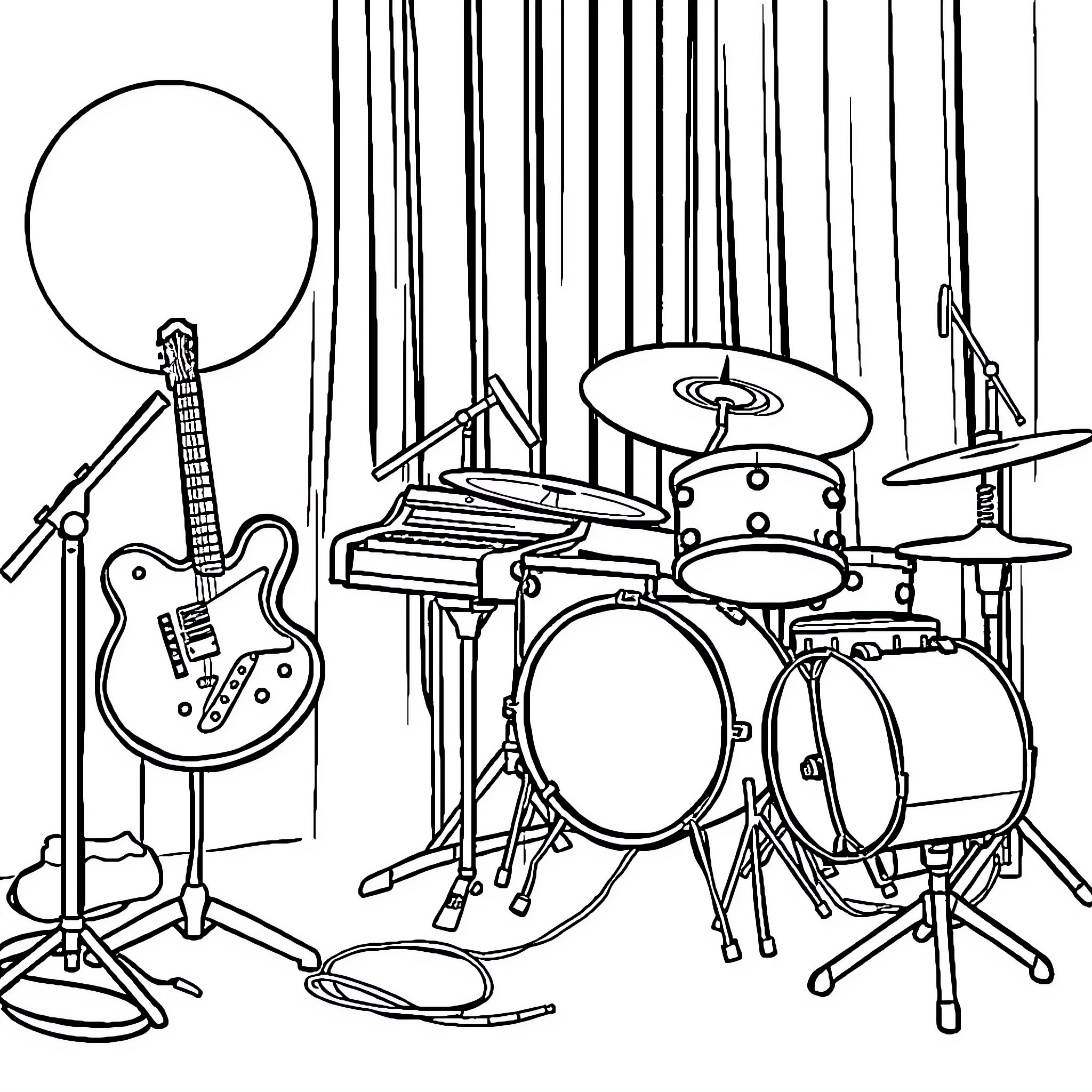 Musical Instrument Performance Setup Coloring Page (free black-and-white line drawing printable PDF for all, from beginners to advanced learners, including children, teens, adults, and seniors)