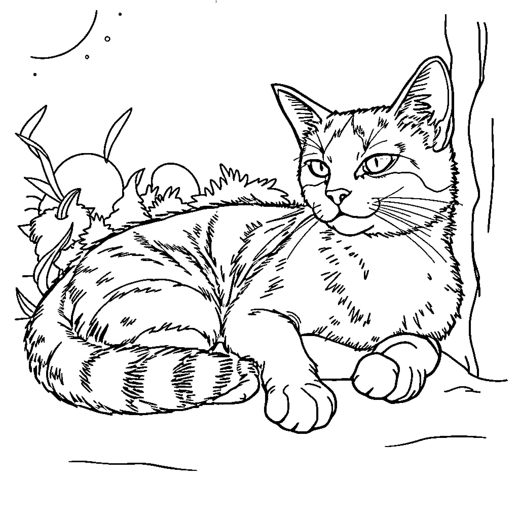 Cat resting in nature Coloring Page (free black-and-white line drawing printable PDF for all, from beginners to advanced learners, including children, teens, adults, and seniors)